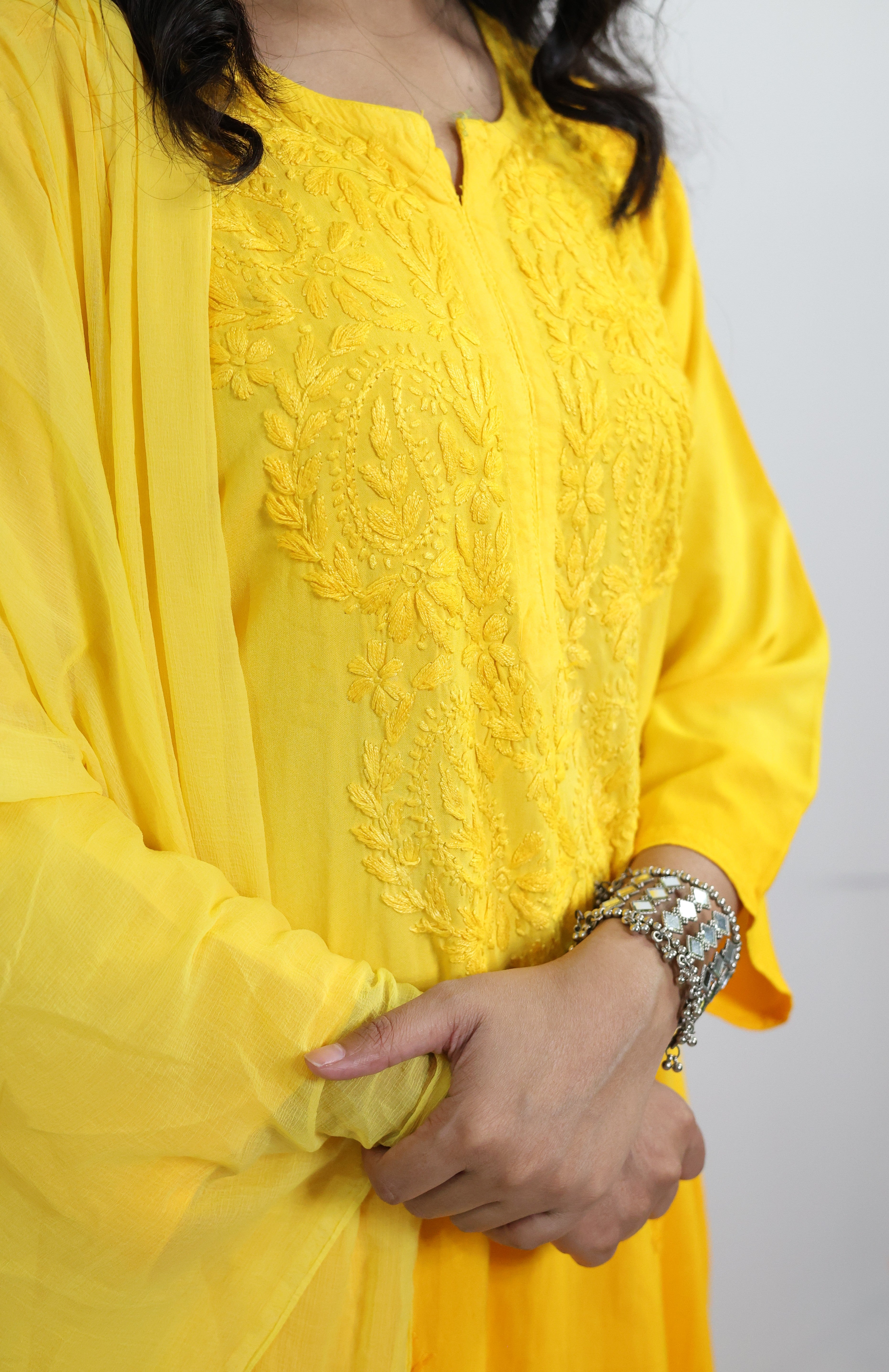 Gunjan Yellow Rayon Hand-Embroidered Lucknowi Chikankari Kurta Set with Dupatta