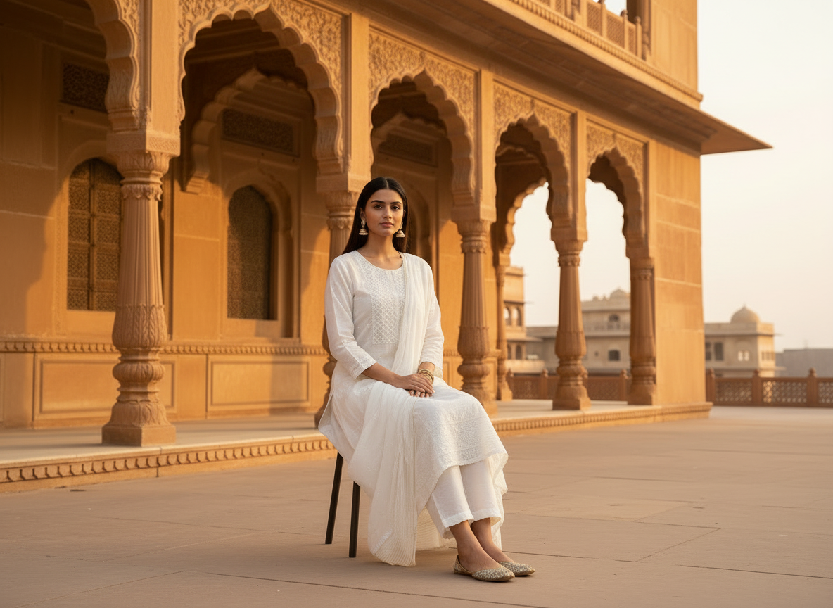 WHITE MUL CHANDERI UNSTITCHED KURTI WITH DUPATTA SET