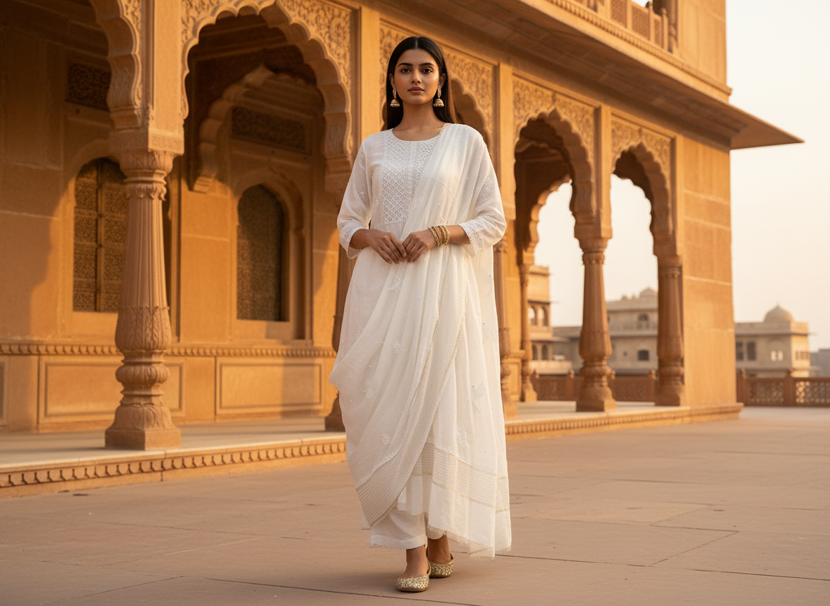 WHITE MUL CHANDERI UNSTITCHED KURTI WITH DUPATTA SET