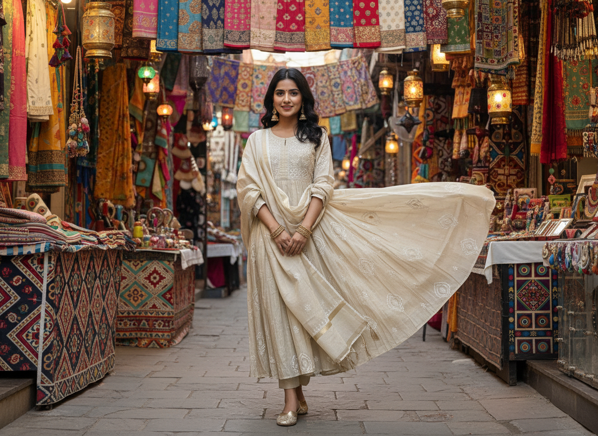 Beige UnStitched Tissue Silk anarkali Piece with Dupatta