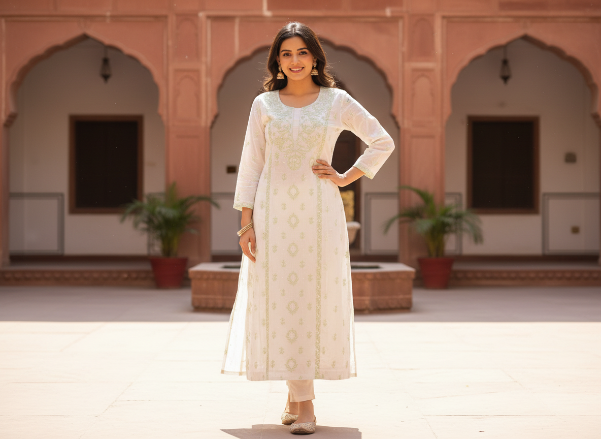 WHITE WITH GREEN MUL CHANDERI UNSTITCHED KURTI WITH DUPATTA SET