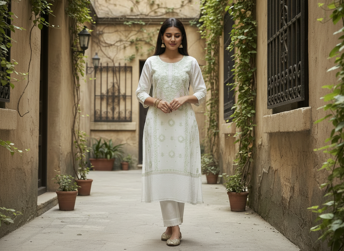 WHITE WITH GREEN MUL CHANDERI UNSTITCHED KURTI WITH DUPATTA SET