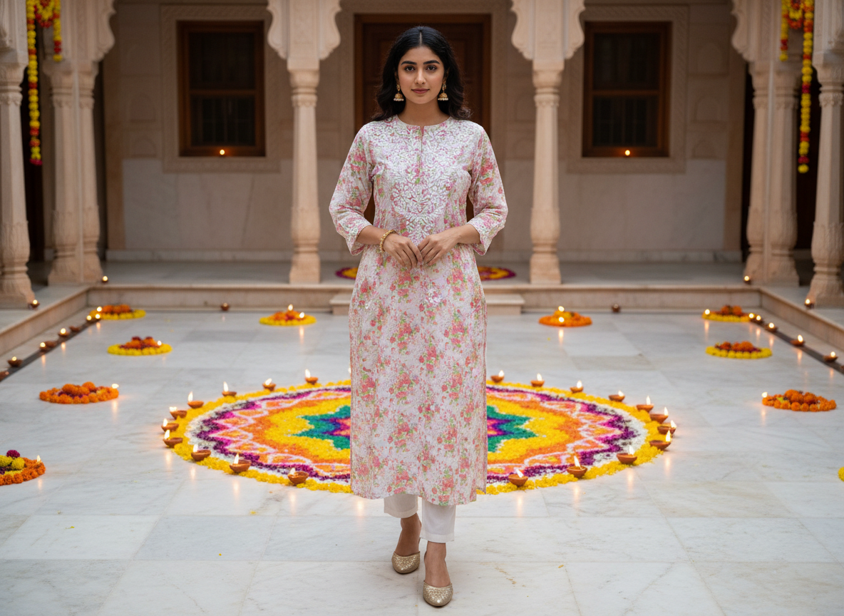 FLOWER MULMUL CHIKANKARI STRAIGHT KURTI
