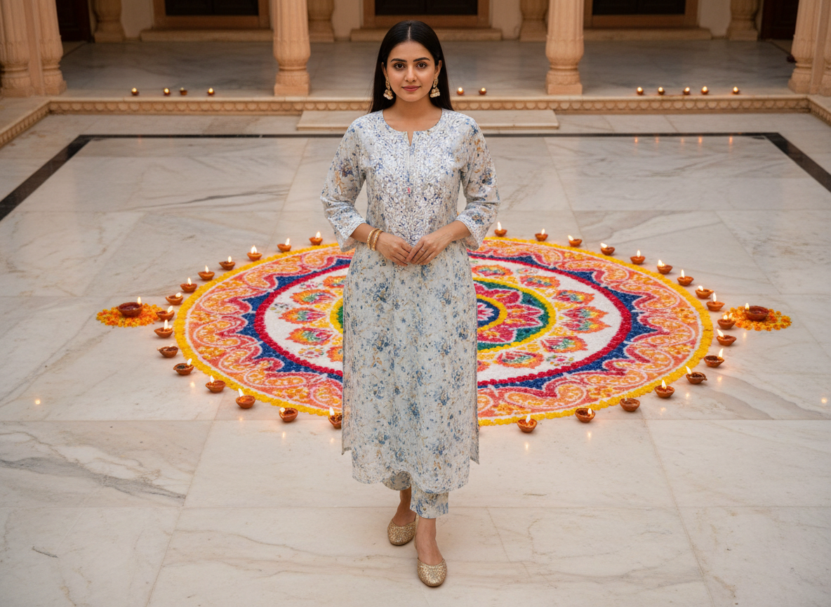 BLUE SOFT MULMUL CHIKANKARI STRAIGHT KURTI