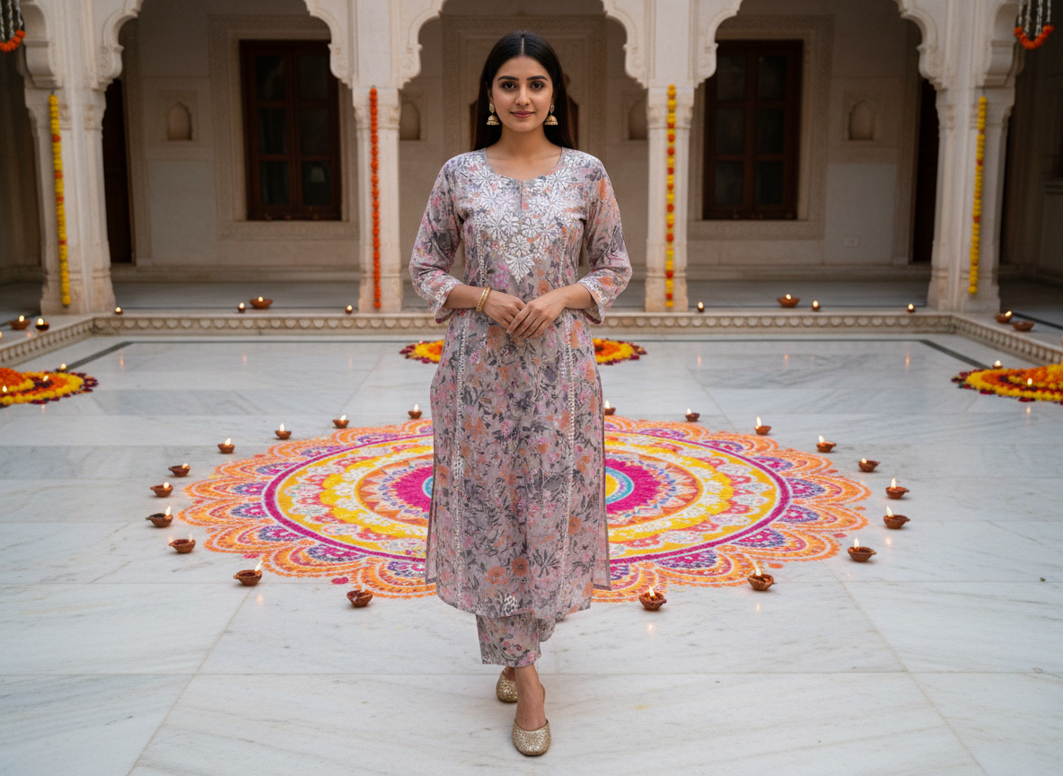 FLORAL PRINT SOFT MULMUL CHIKANKARI STRAIGHT KURTI
