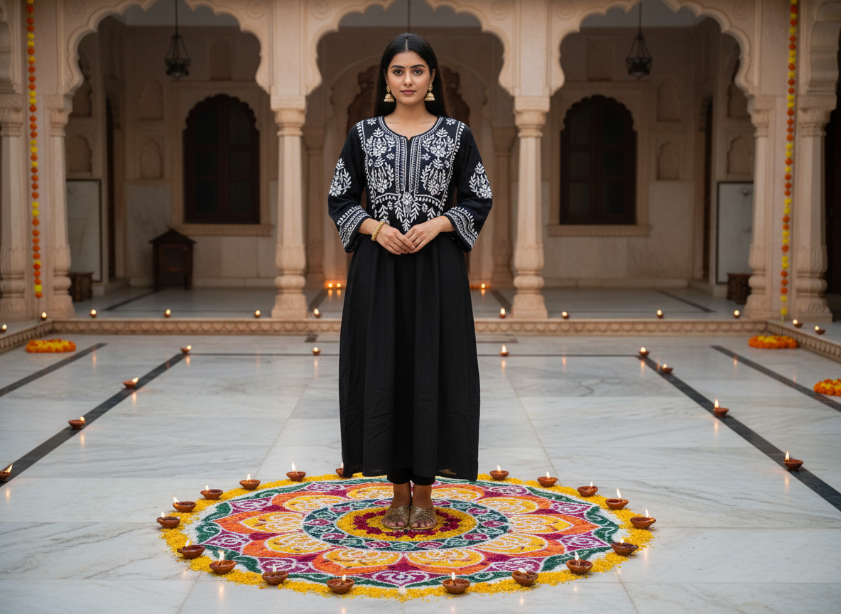 BLACK REYON CHIKANKARI KURTI