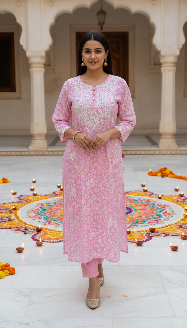 PINK MODAL PRINTED CHIKANKARI KURTI