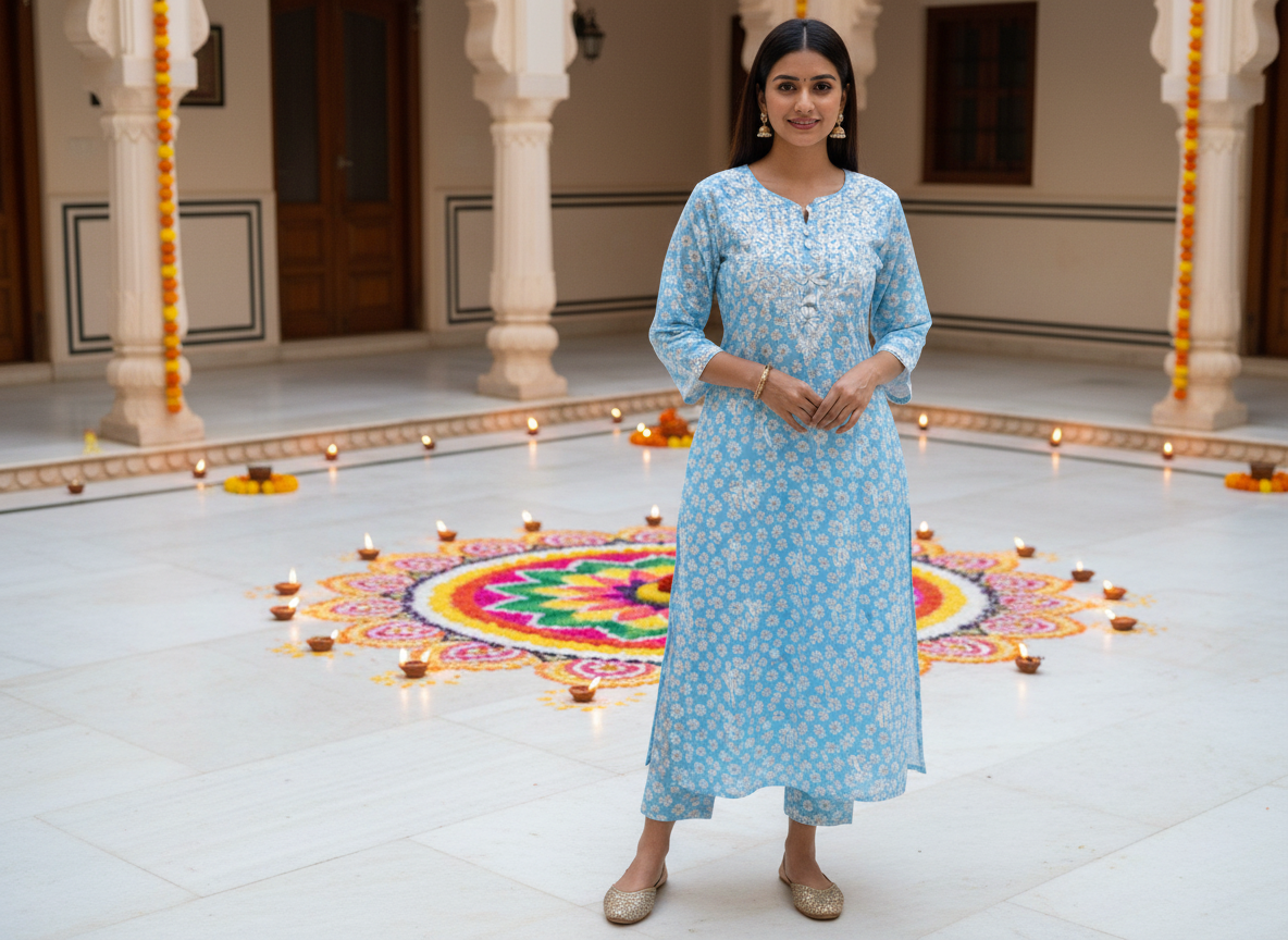 BLUE MODAL PRINTED CHIKANKARI KURTI