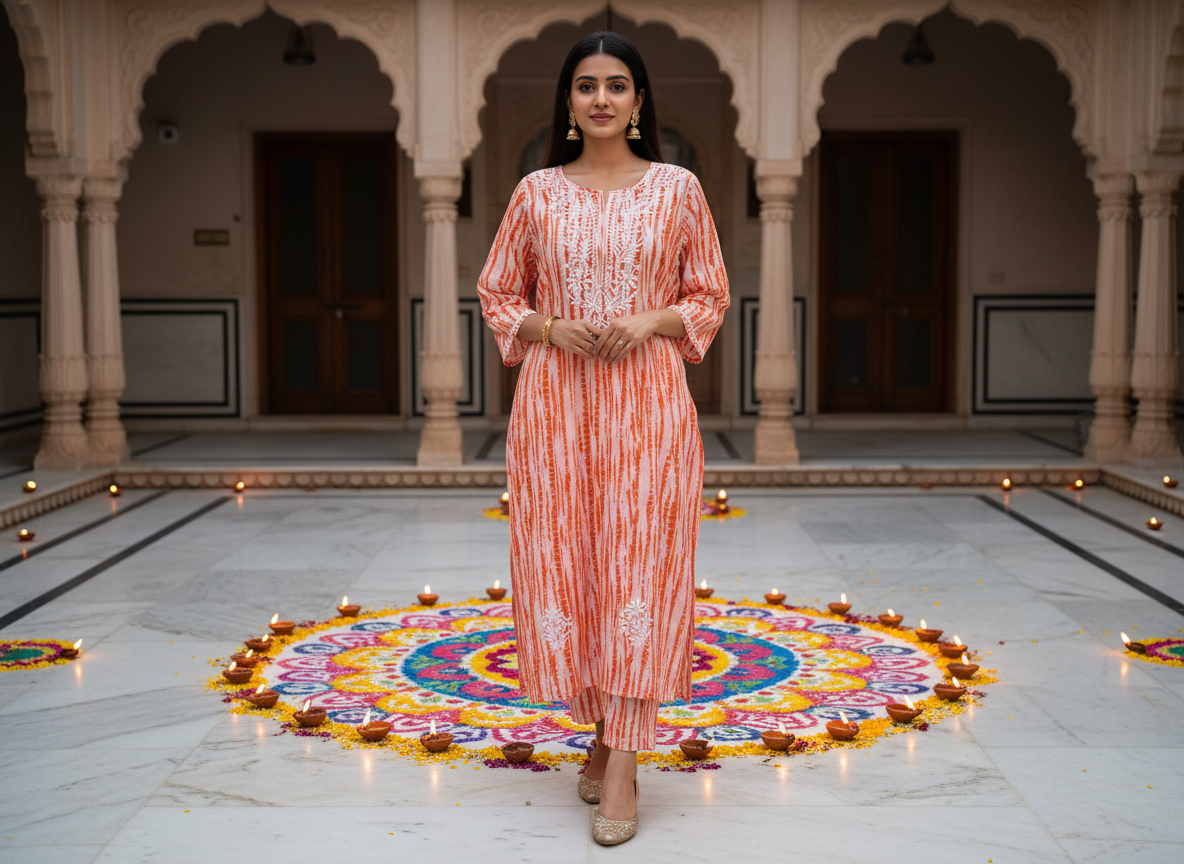 ORANGE MULMUL PRINTED CHIKANKARI KURTI