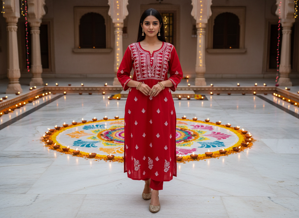RED CROCHET BUTTON KURTI