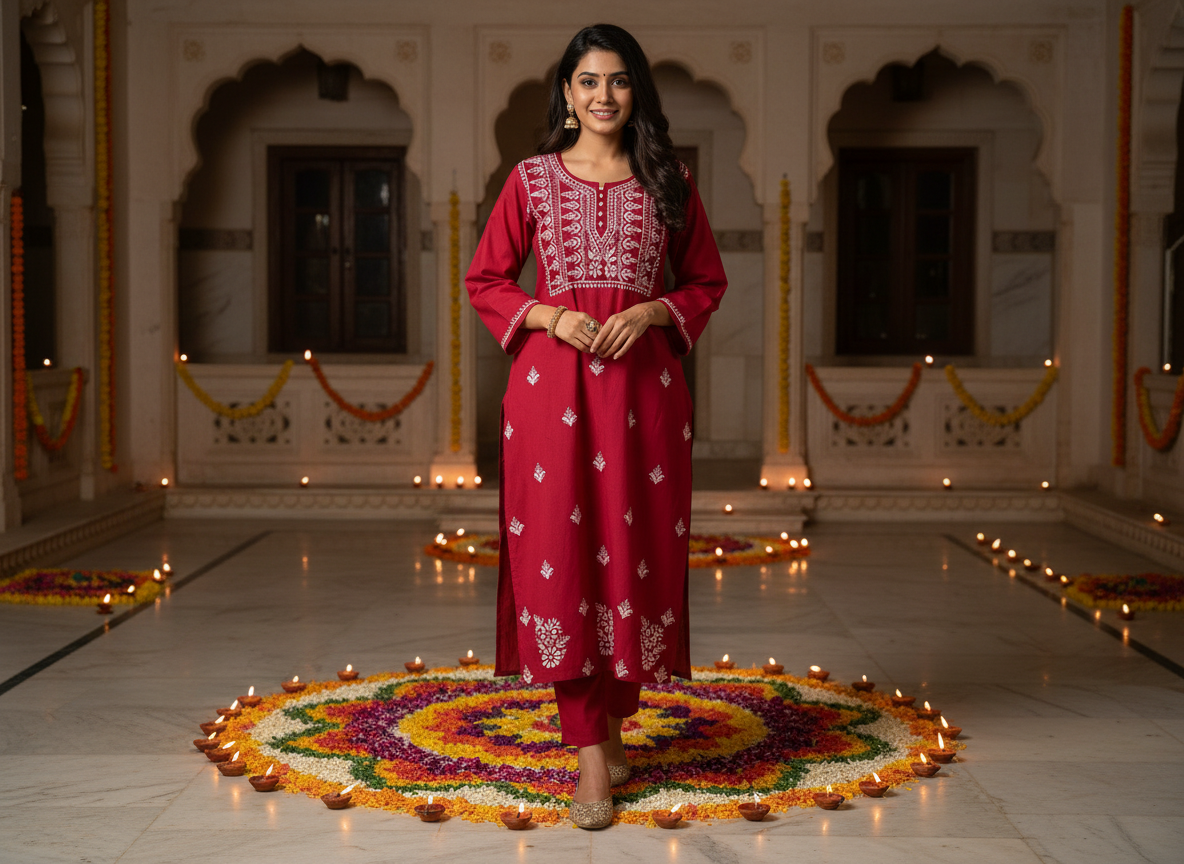 PINK CROCHET BUTTON KURTI