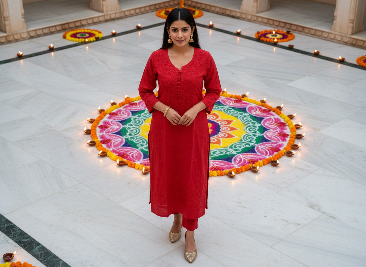 RED DOBBY COTTON CHIKANKARI KURTI