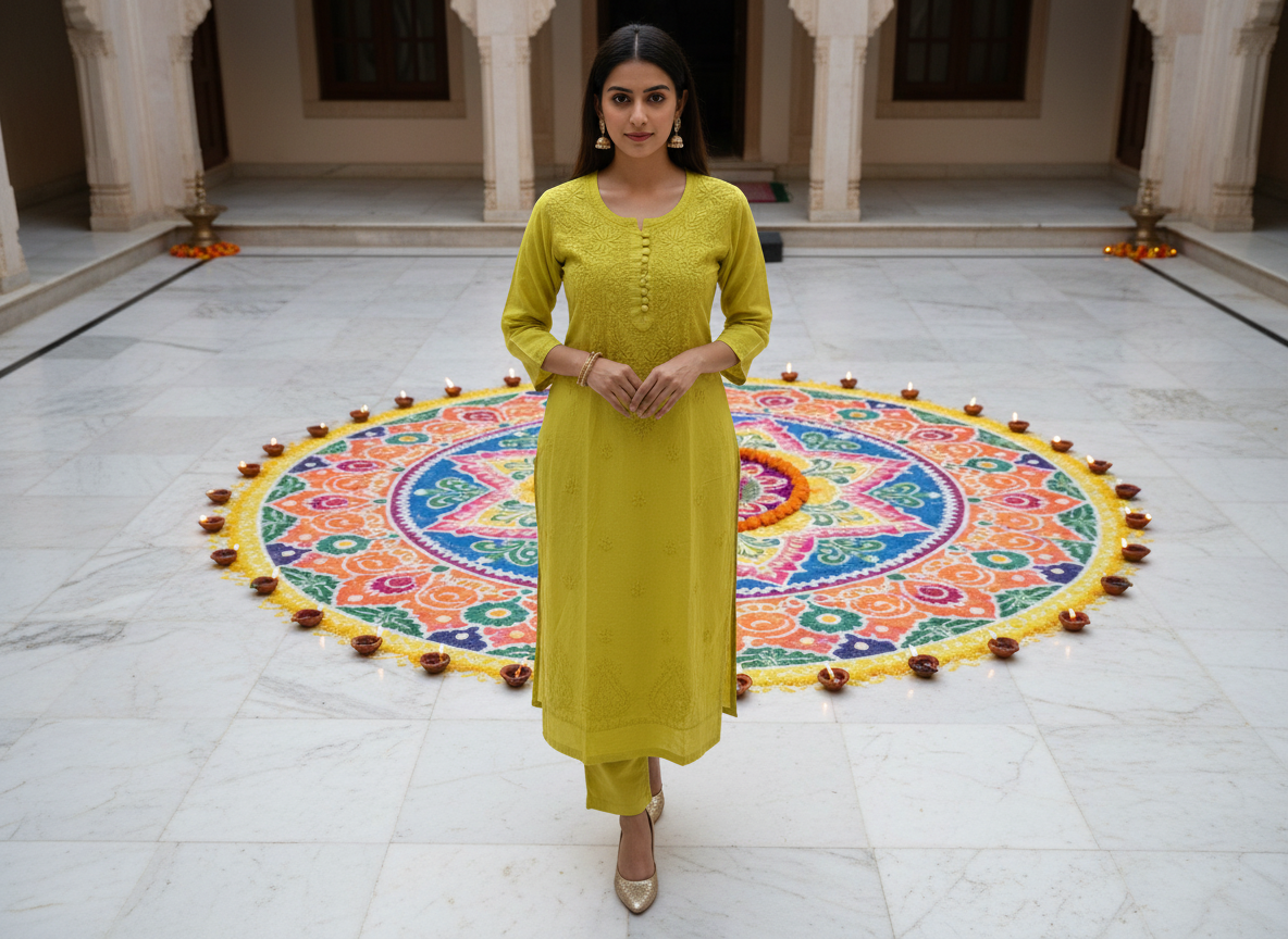 NEON GREEN DOBBY COTTON CHIKANKARI KURTI