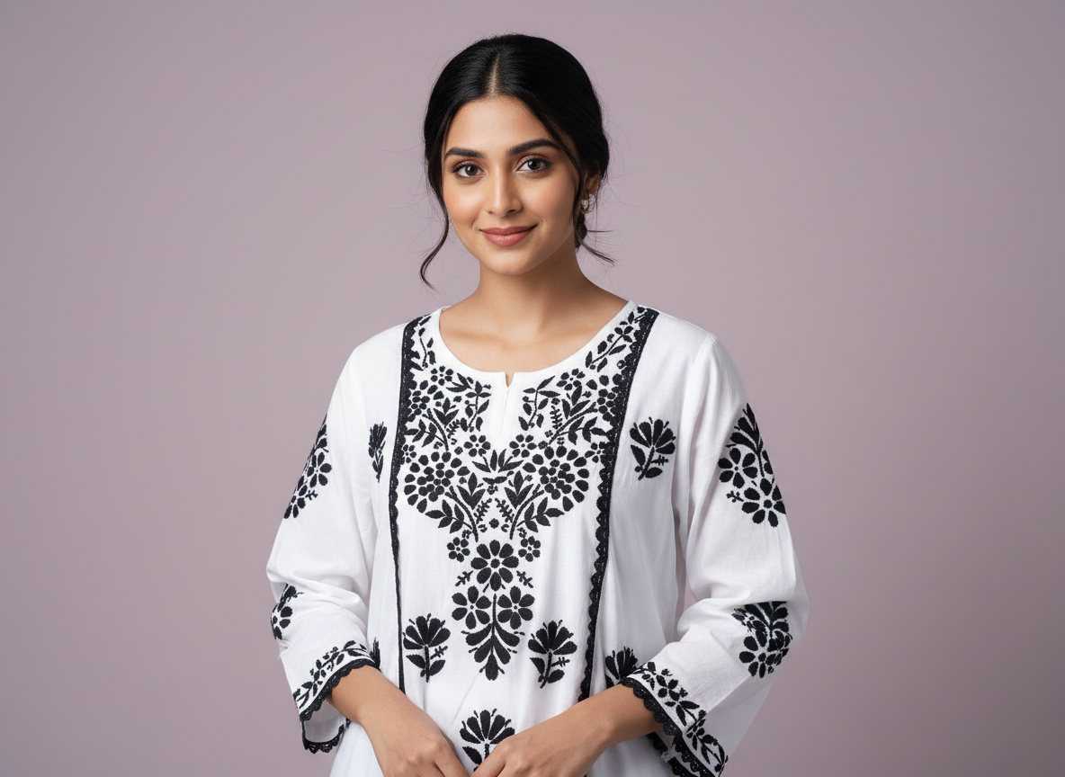 Anusha White Hand Chikankari Short Top in Modal Cotton with Lace