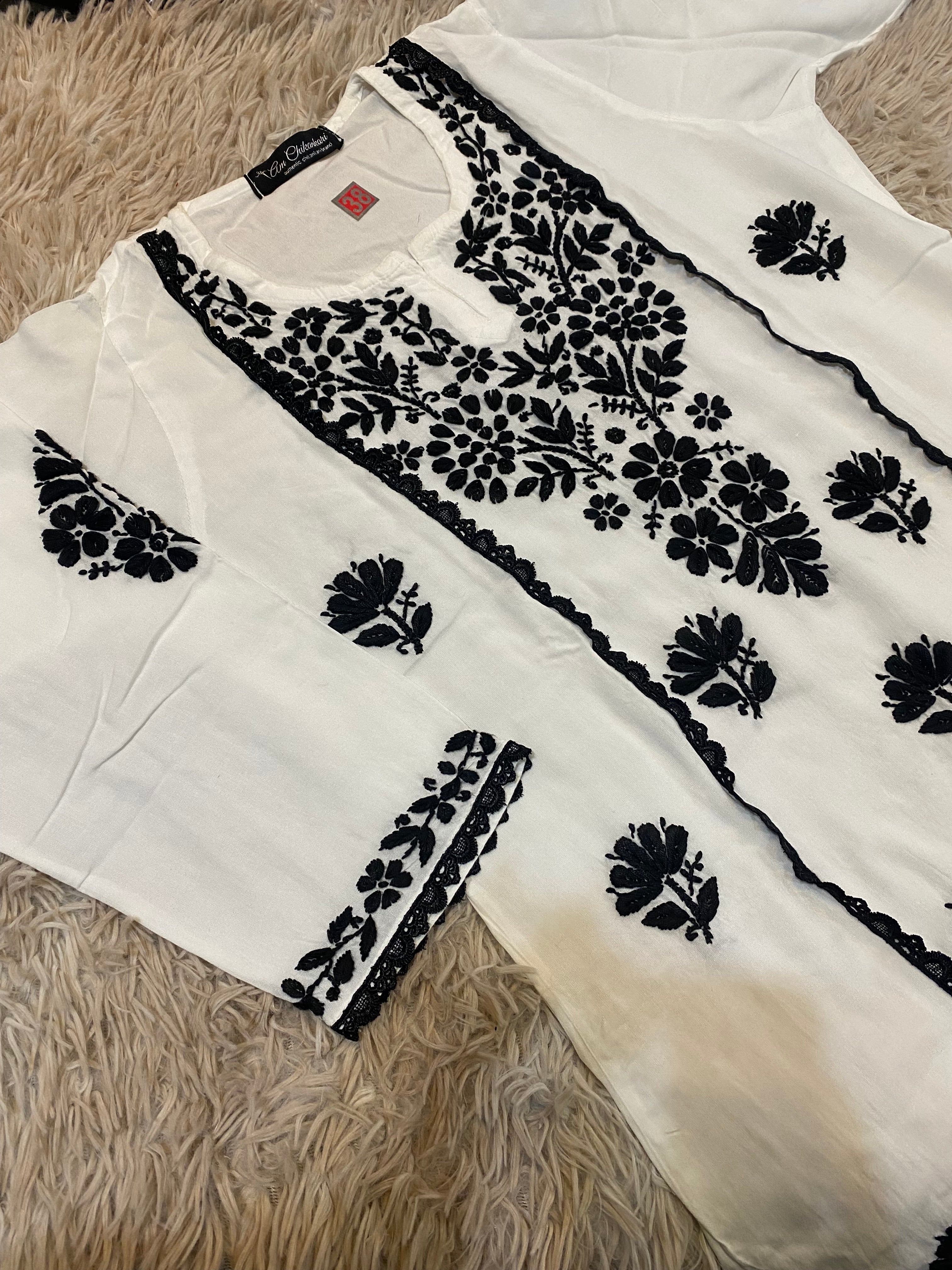 Anusha White Hand Chikankari Short Top in Modal Cotton with Lace