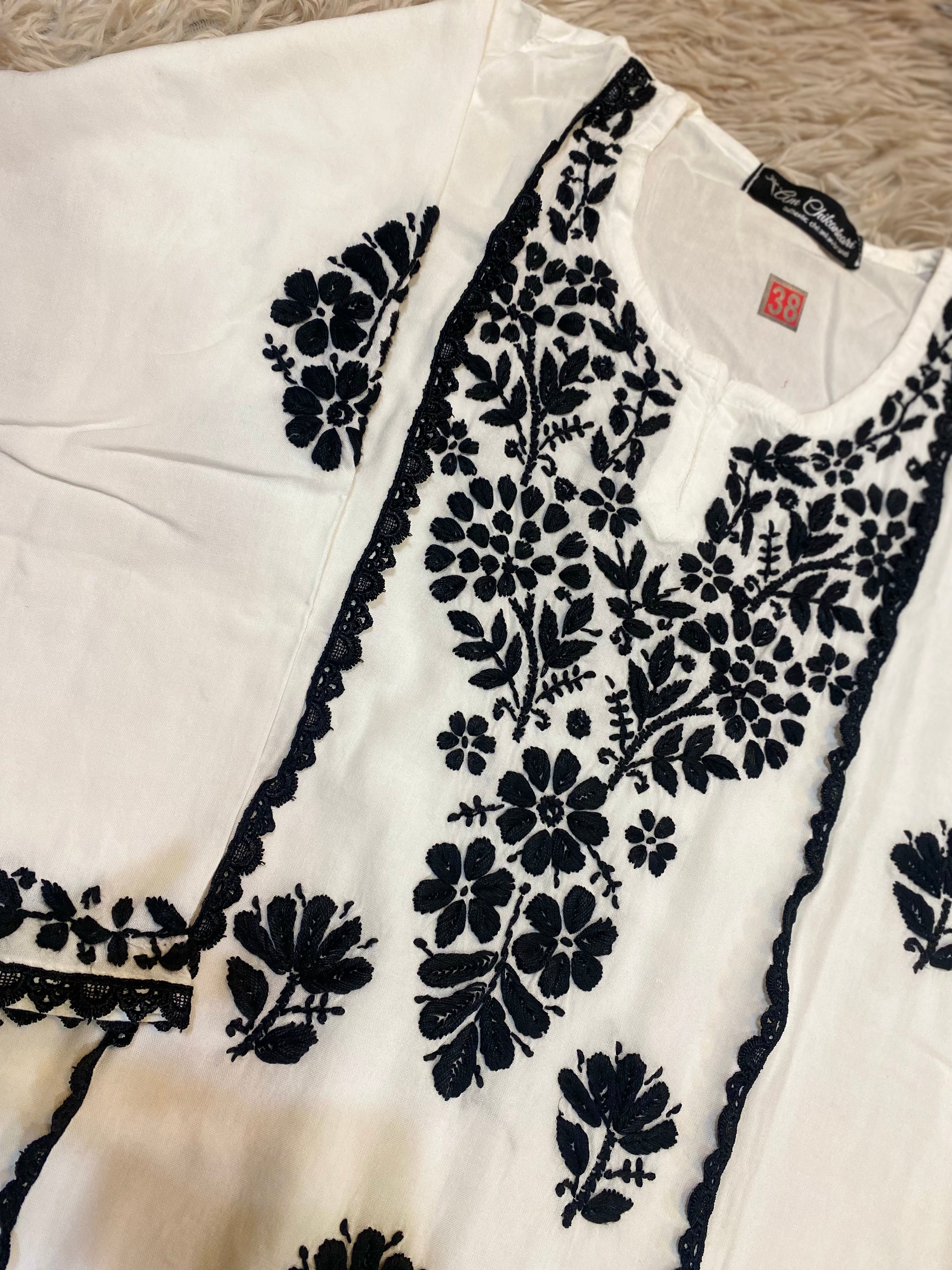 Anusha White Hand Chikankari Short Top in Modal Cotton with Lace