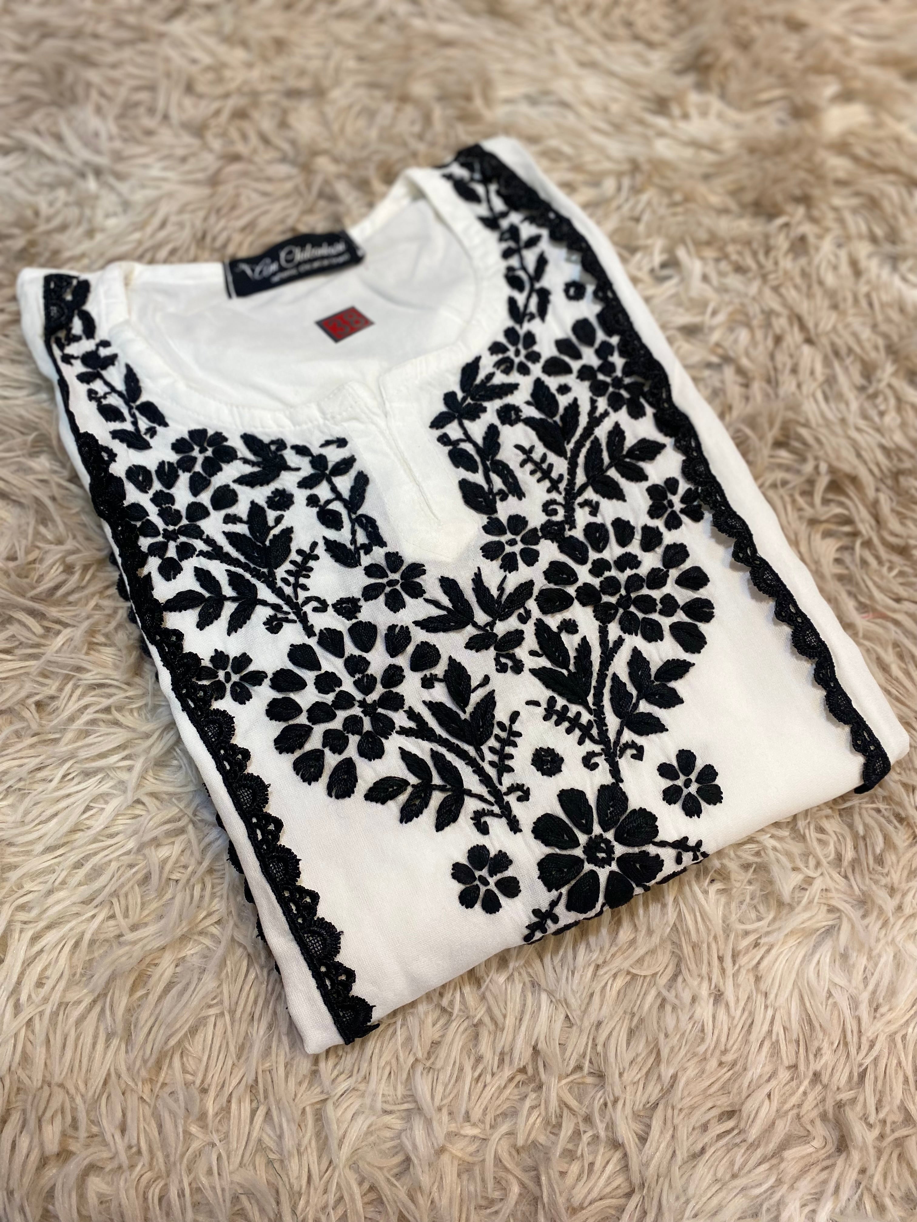 Anusha White Hand Chikankari Short Top in Modal Cotton with Lace