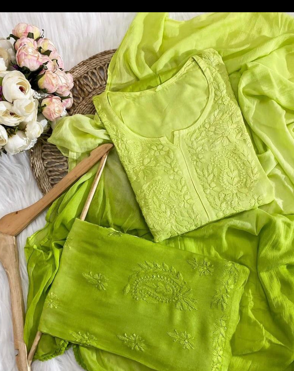 GUNJAN REYON 3PC CHIKANKARI SET NEON GREEN