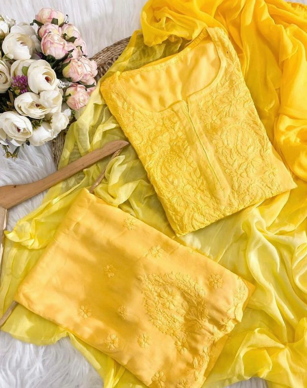 GUNJAN REYON 3PC CHIKANKARI SETS YELLOW