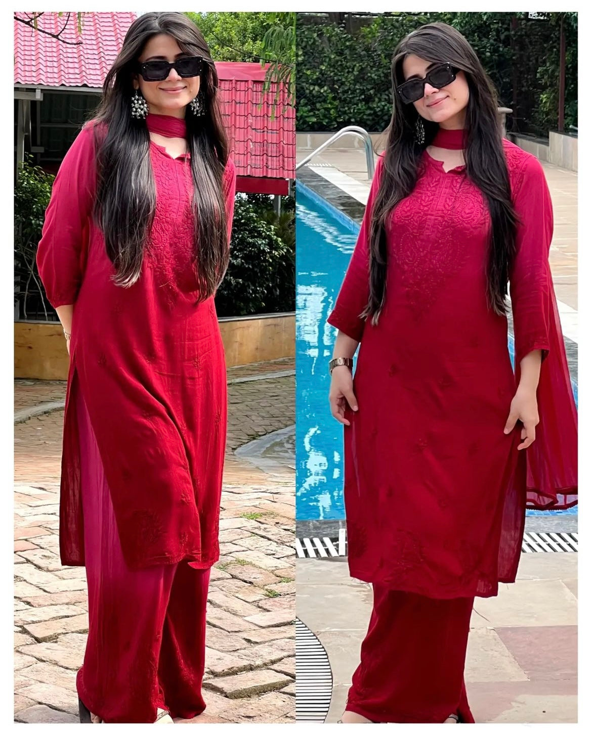 GUNJAN REYON 3PC CHIKANKARI SETS RED