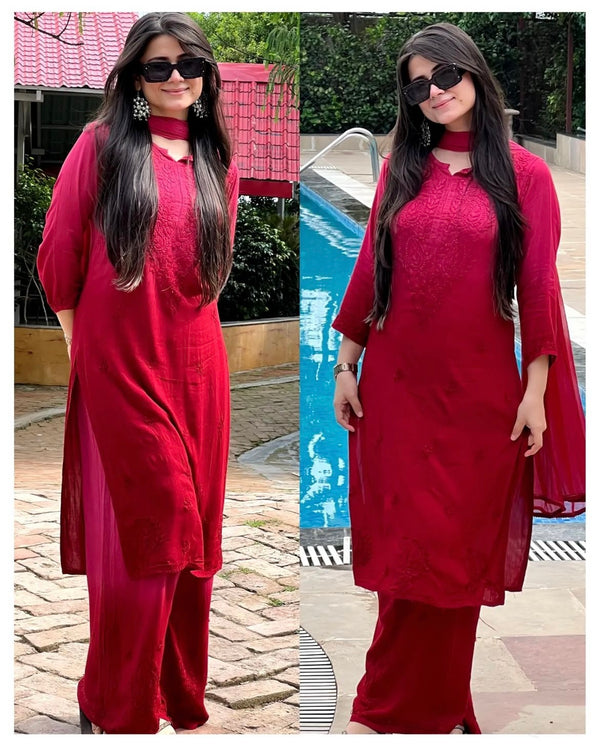 GUNJAN REYON 3PC CHIKANKARI SETS RED