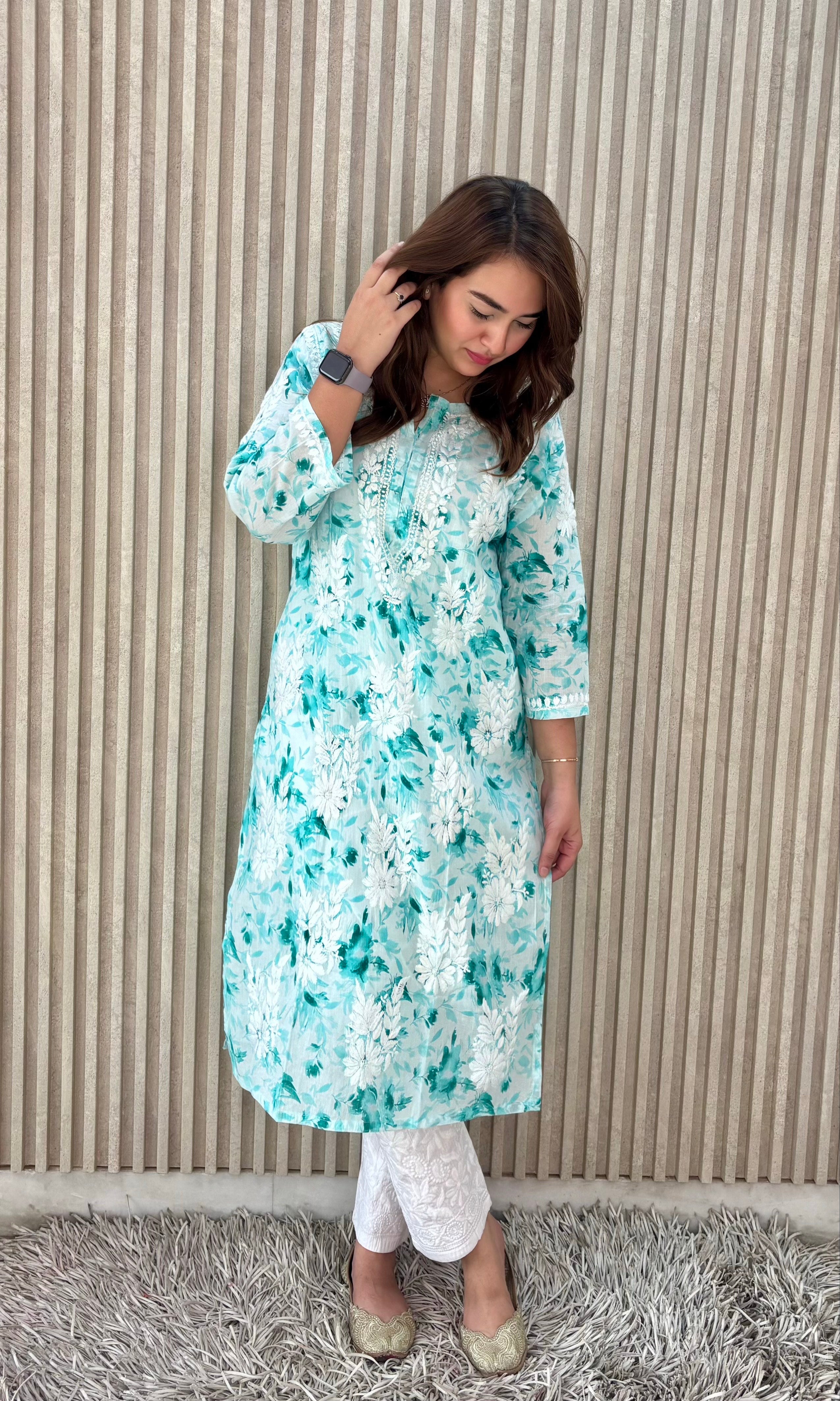 FLOWER MULMUL AQUA GREEN CHIKANKARI KURTI SET.