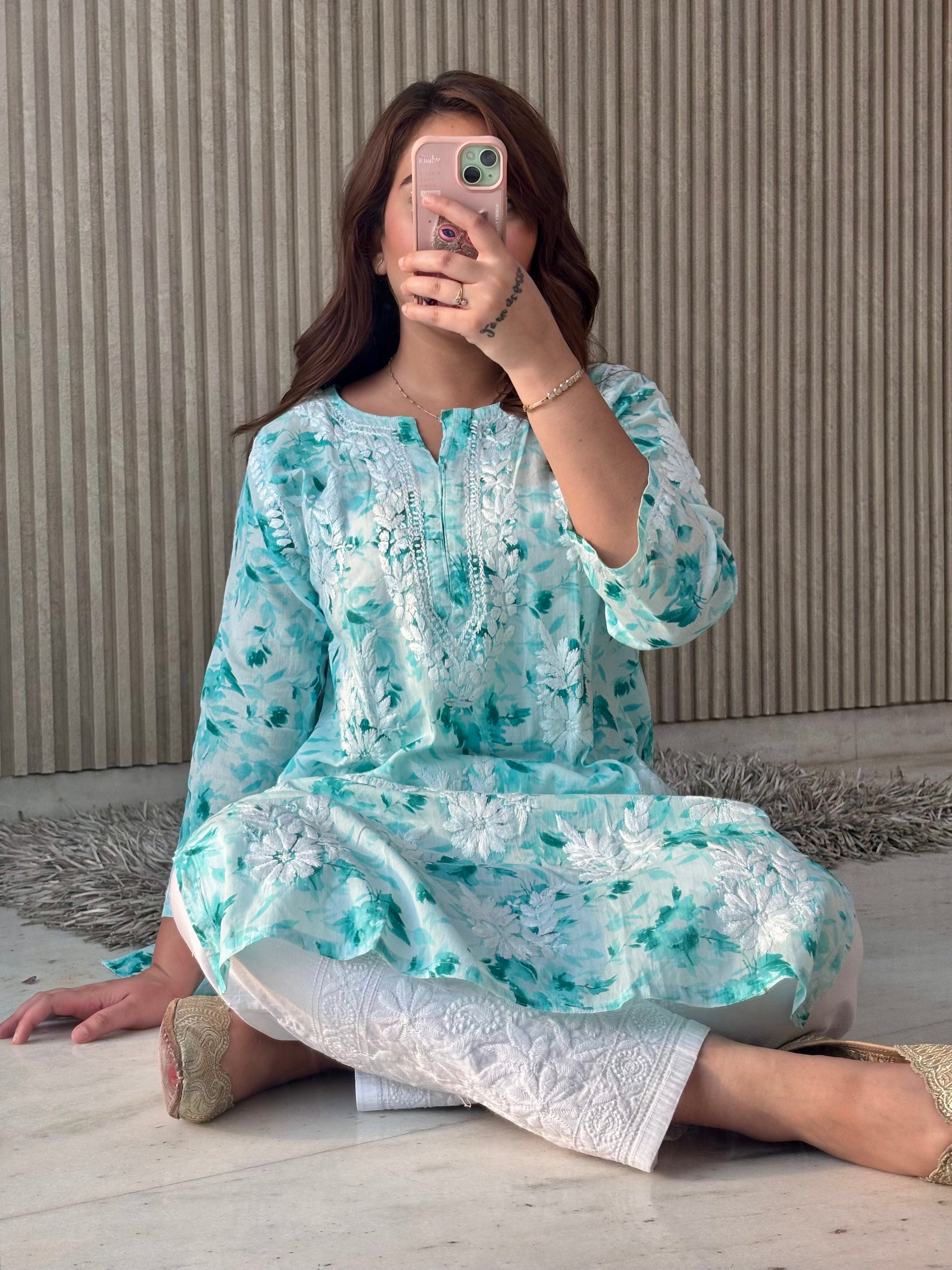 FLOWER MULMUL AQUA GREEN CHIKANKARI KURTI SET.