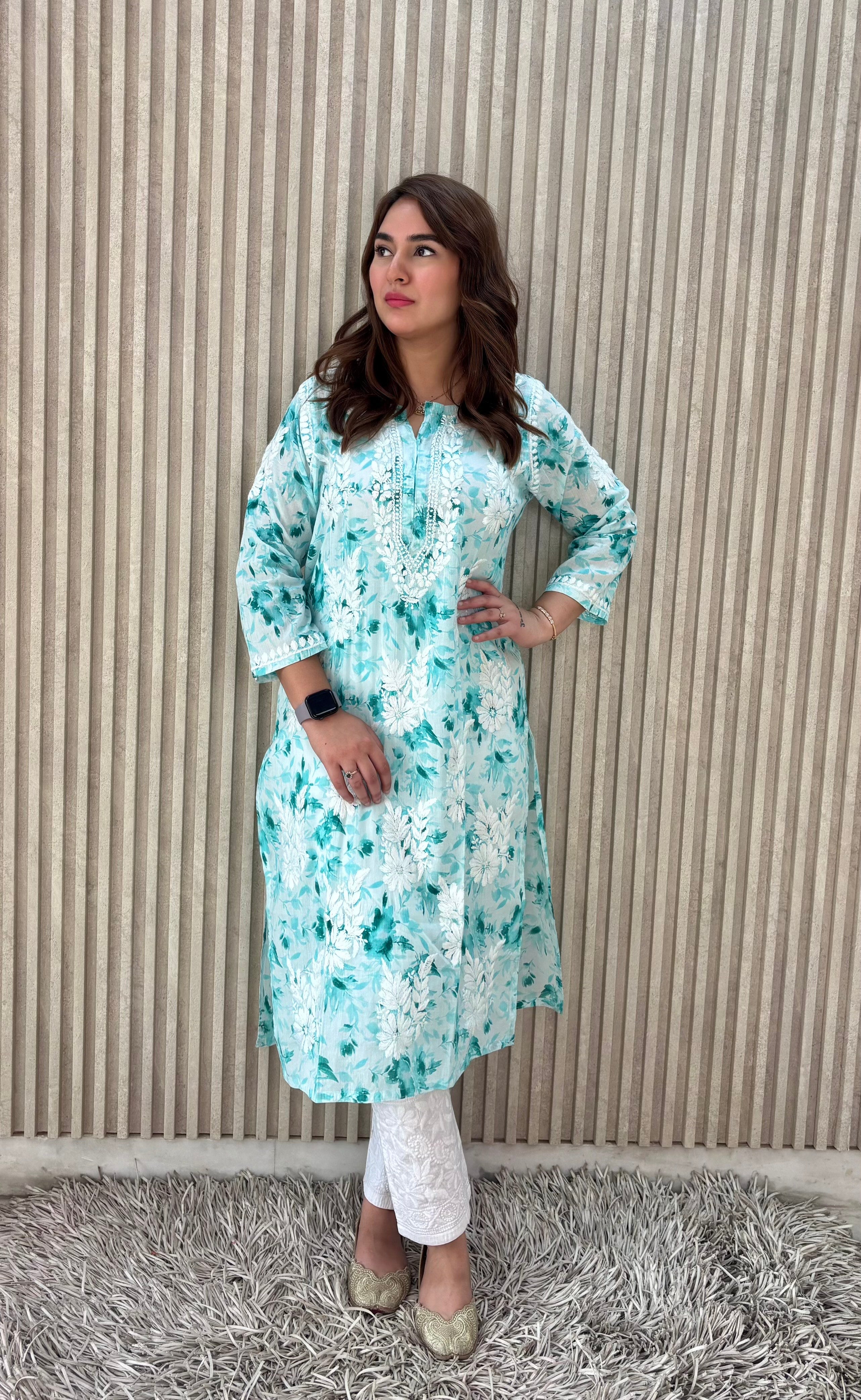 FLOWER MULMUL AQUA GREEN CHIKANKARI KURTI SET.