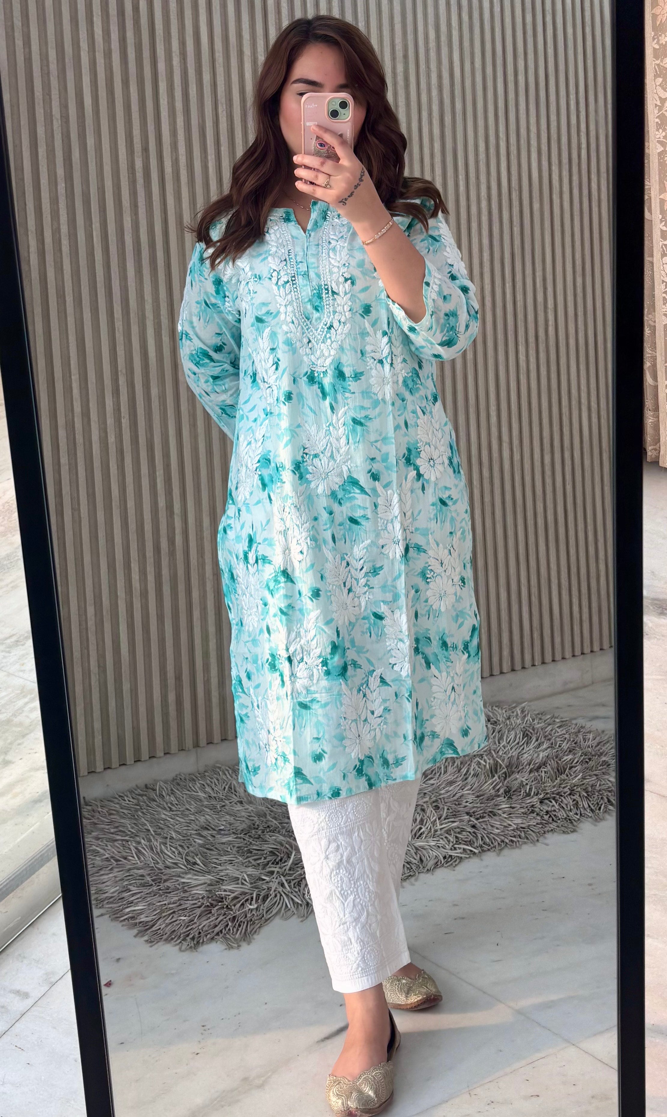 FLOWER MULMUL AQUA GREEN CHIKANKARI KURTI SET.