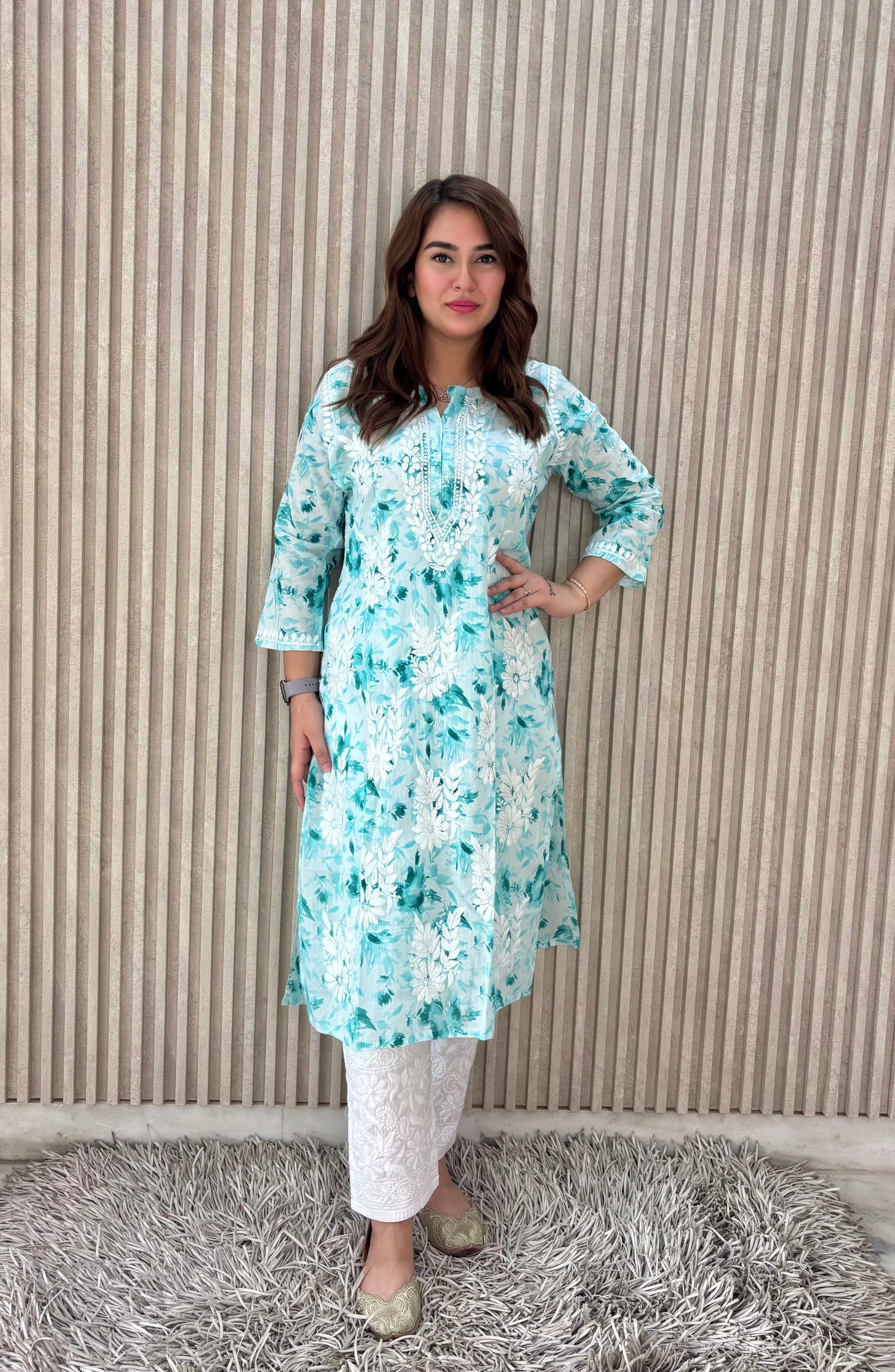 FLOWER MULMUL AQUA GREEN CHIKANKARI KURTI SET.