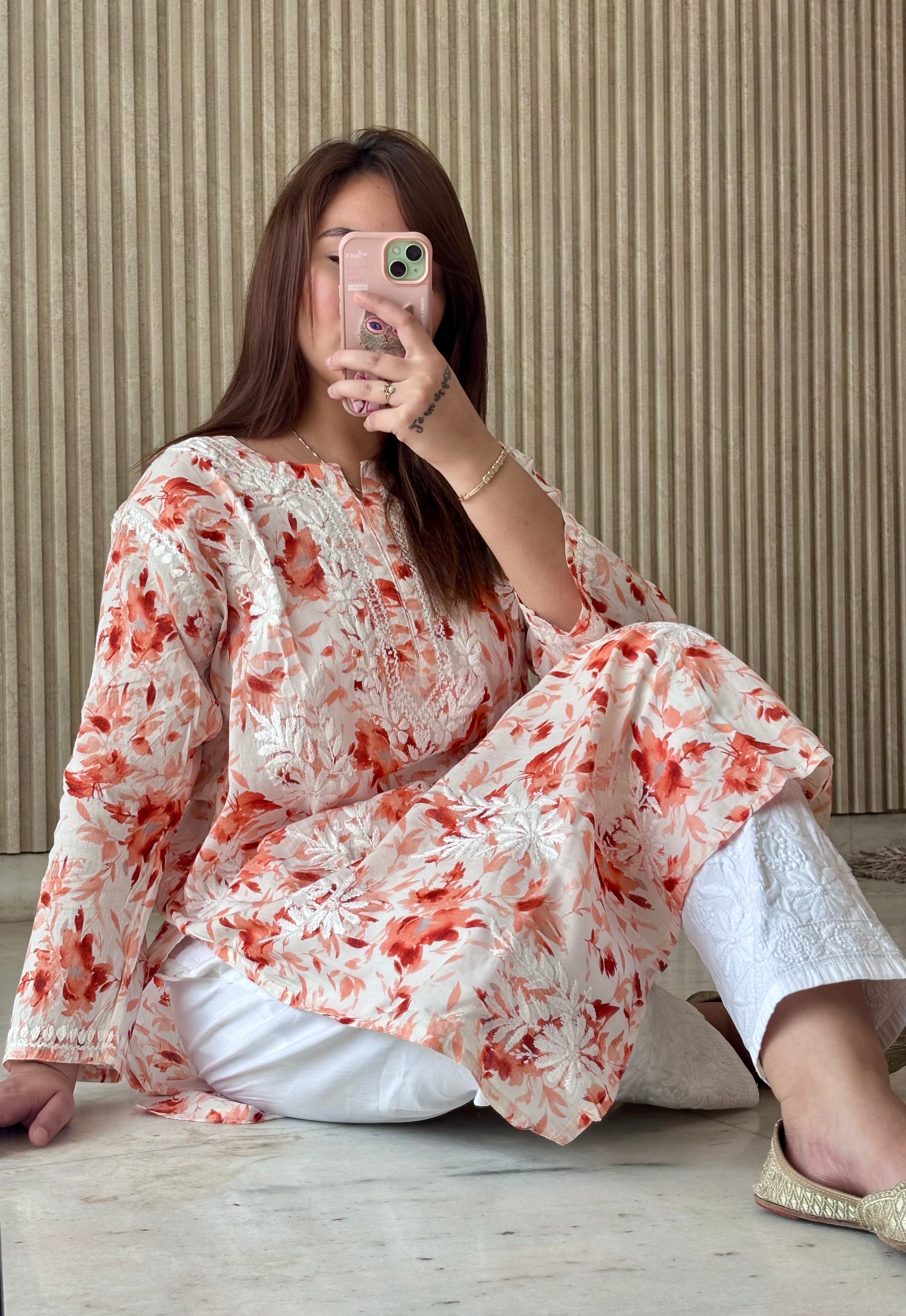 FLOWER MULMUL CHIKANKARI KURTI SET ORANGE.