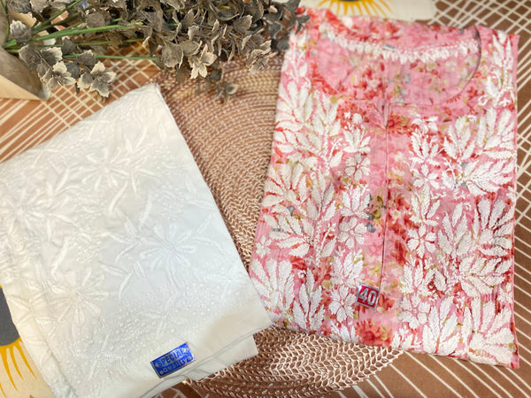 Netra Printed Chikankari sets Carrot Red