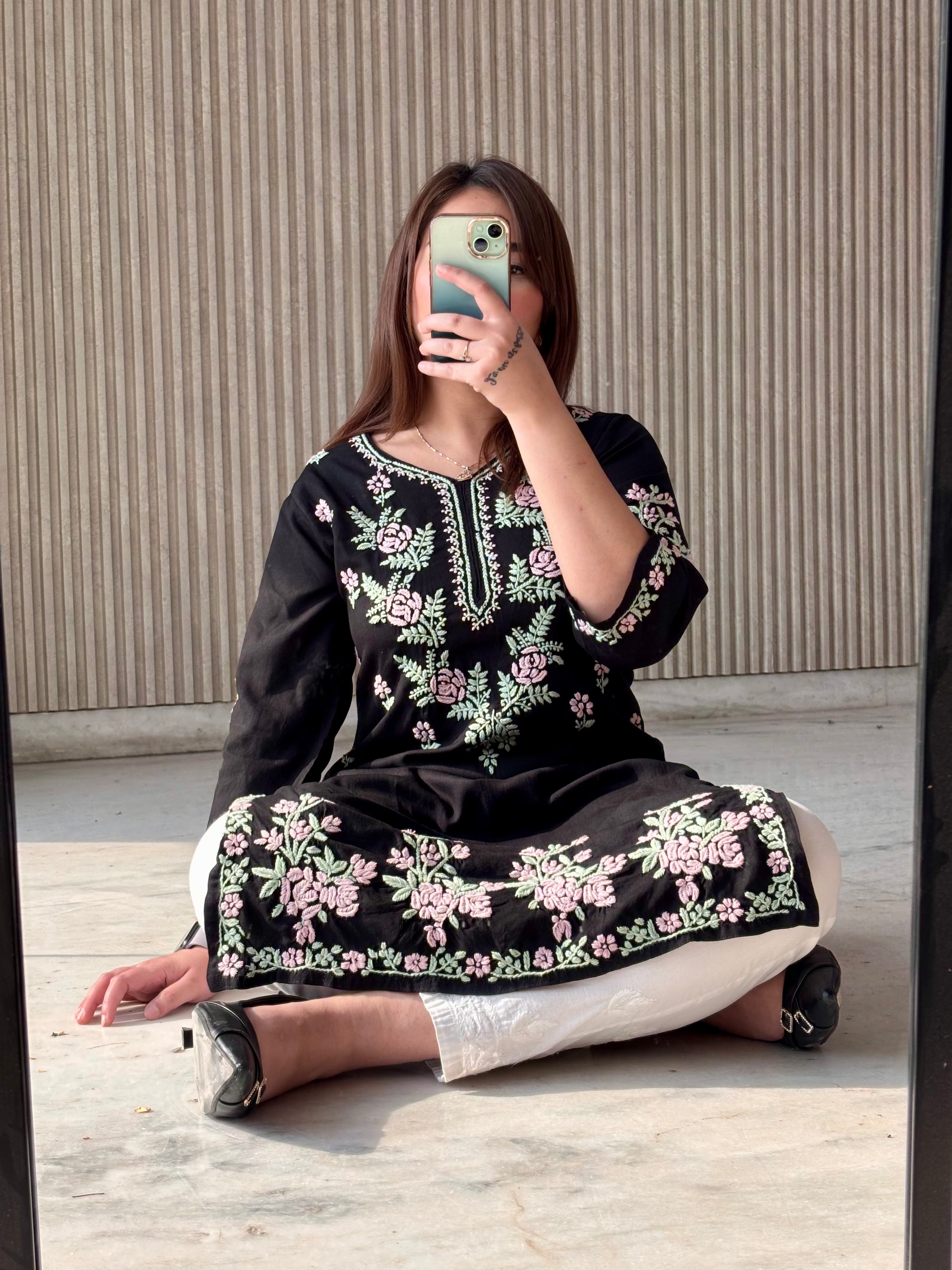 FLOWER ROSE MULTI 3D WORK CHIKANKARI KURTI