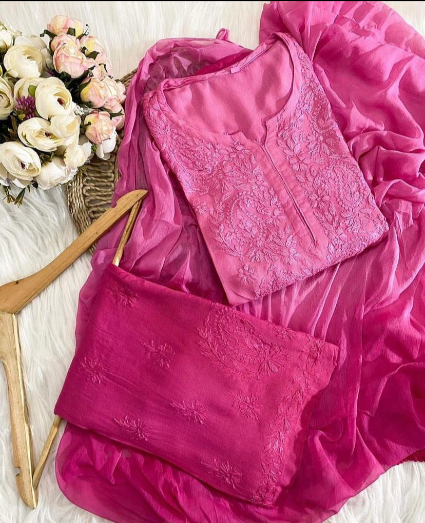 GUNJAN REYON 3PC CHIKANKARI SETS PINK