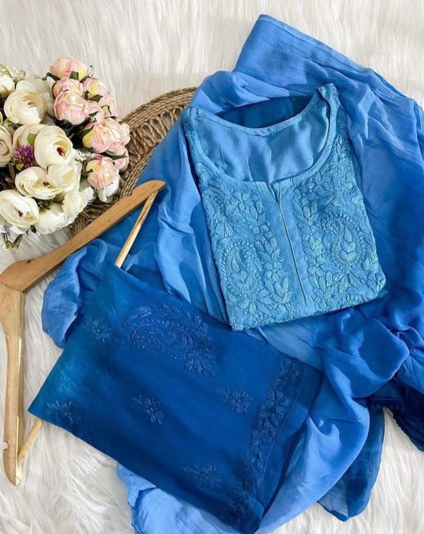 GUNJAN REYON 3PC CHIKANKARI SETS BLUE
