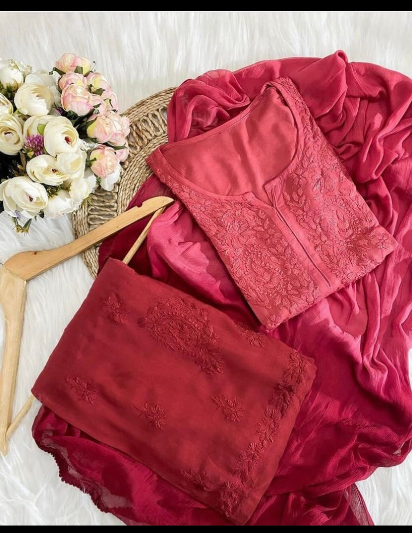 GUNJAN REYON 3PC CHIKANKARI SETS RED