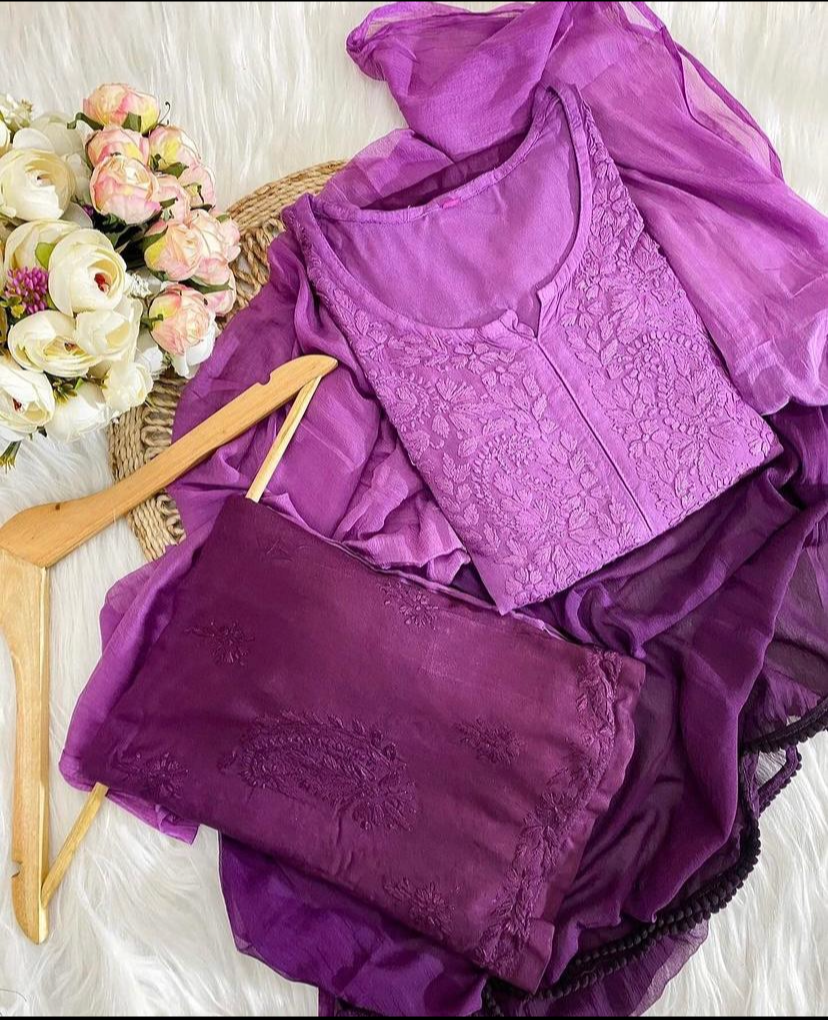GUNJAN REYON 3PC CHIKANKARI SETS PURPLE