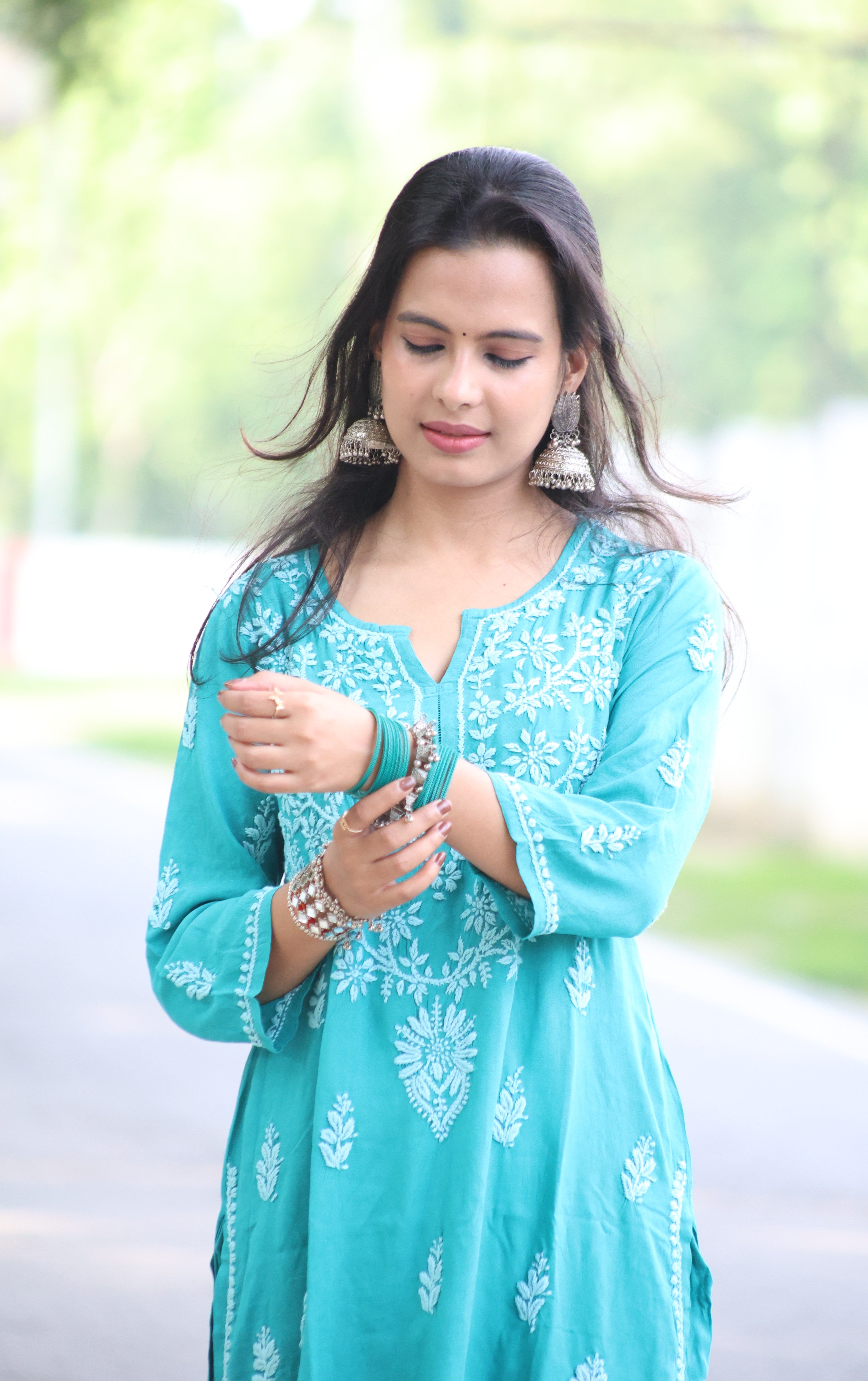 Jade Green Rayon Hand-Embroidered Lucknowi Chikankari Kurta Set with Palazzo
