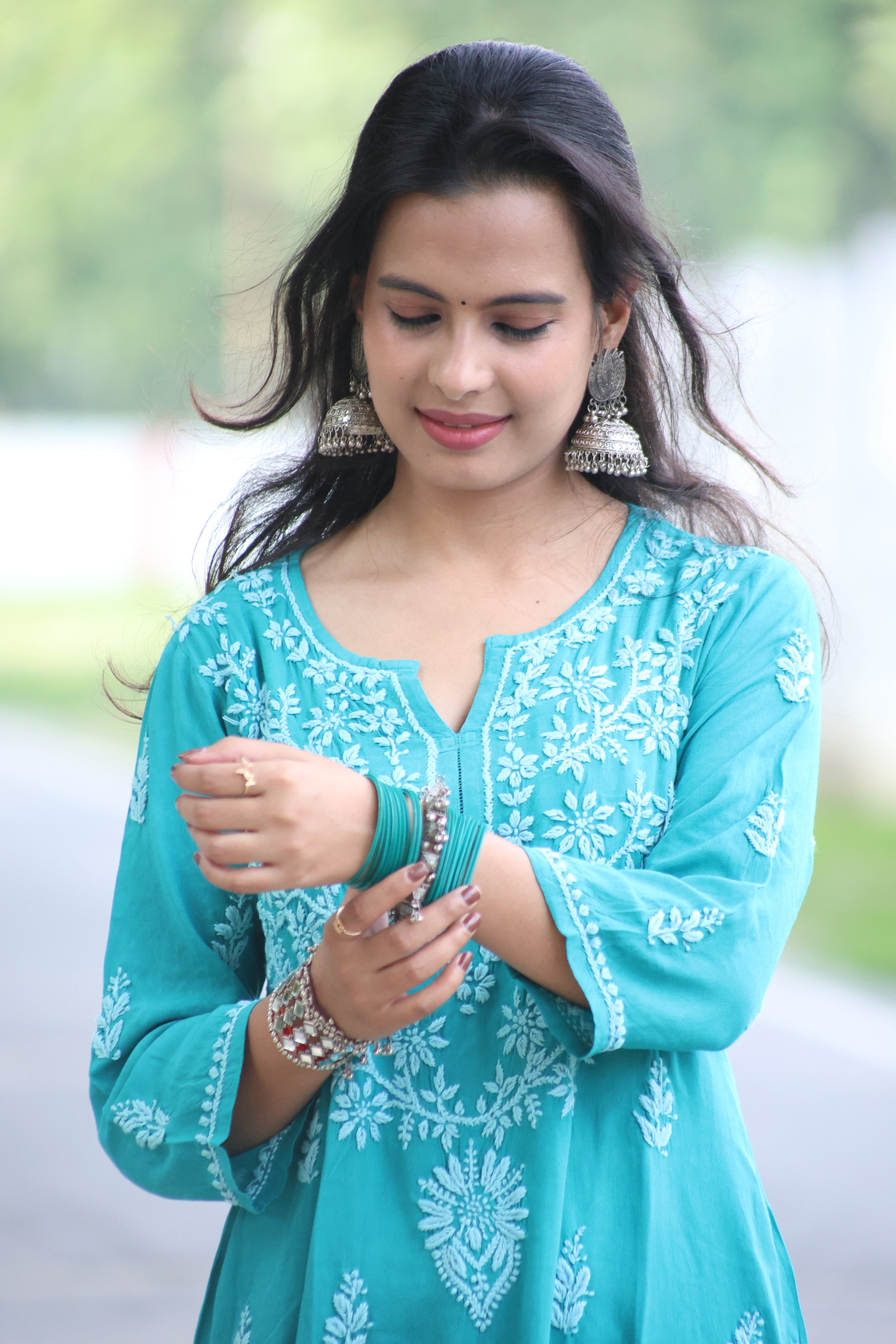 Jade Green Rayon Hand-Embroidered Lucknowi Chikankari Kurta Set with Palazzo