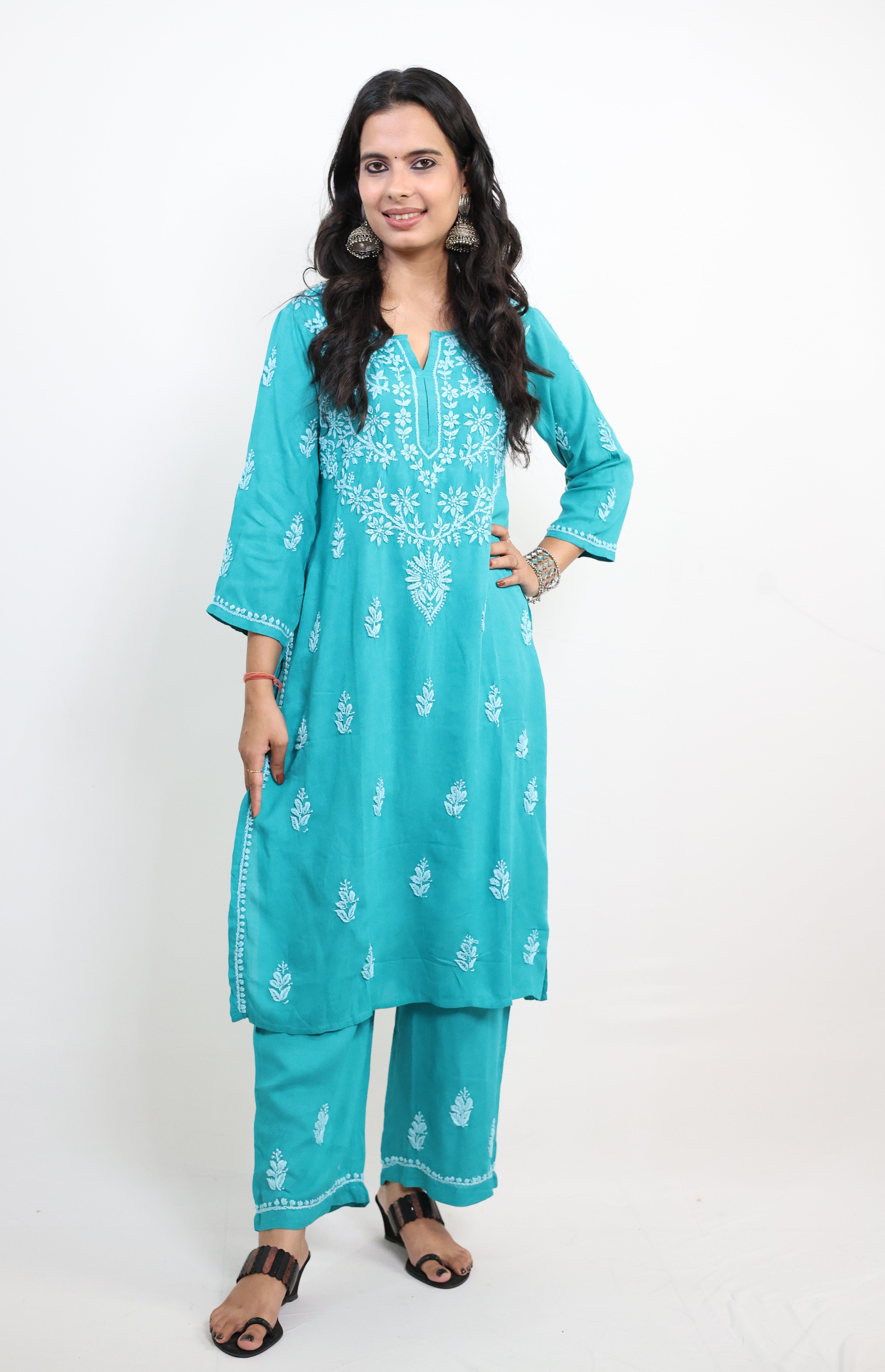 Jade Green Rayon Hand-Embroidered Lucknowi Chikankari Kurta Set with Palazzo