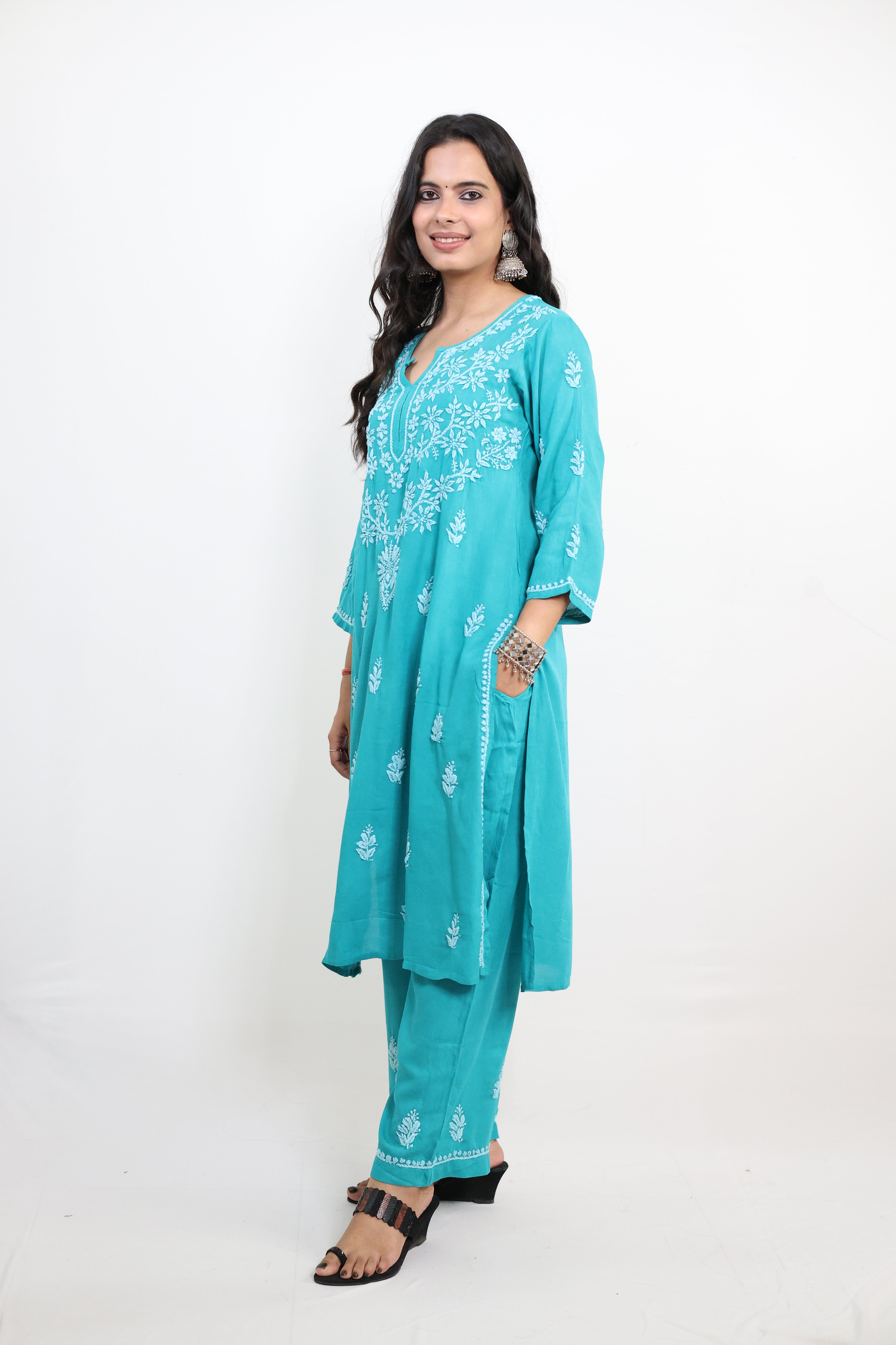 Jade Green Rayon Hand-Embroidered Lucknowi Chikankari Kurta Set with Palazzo