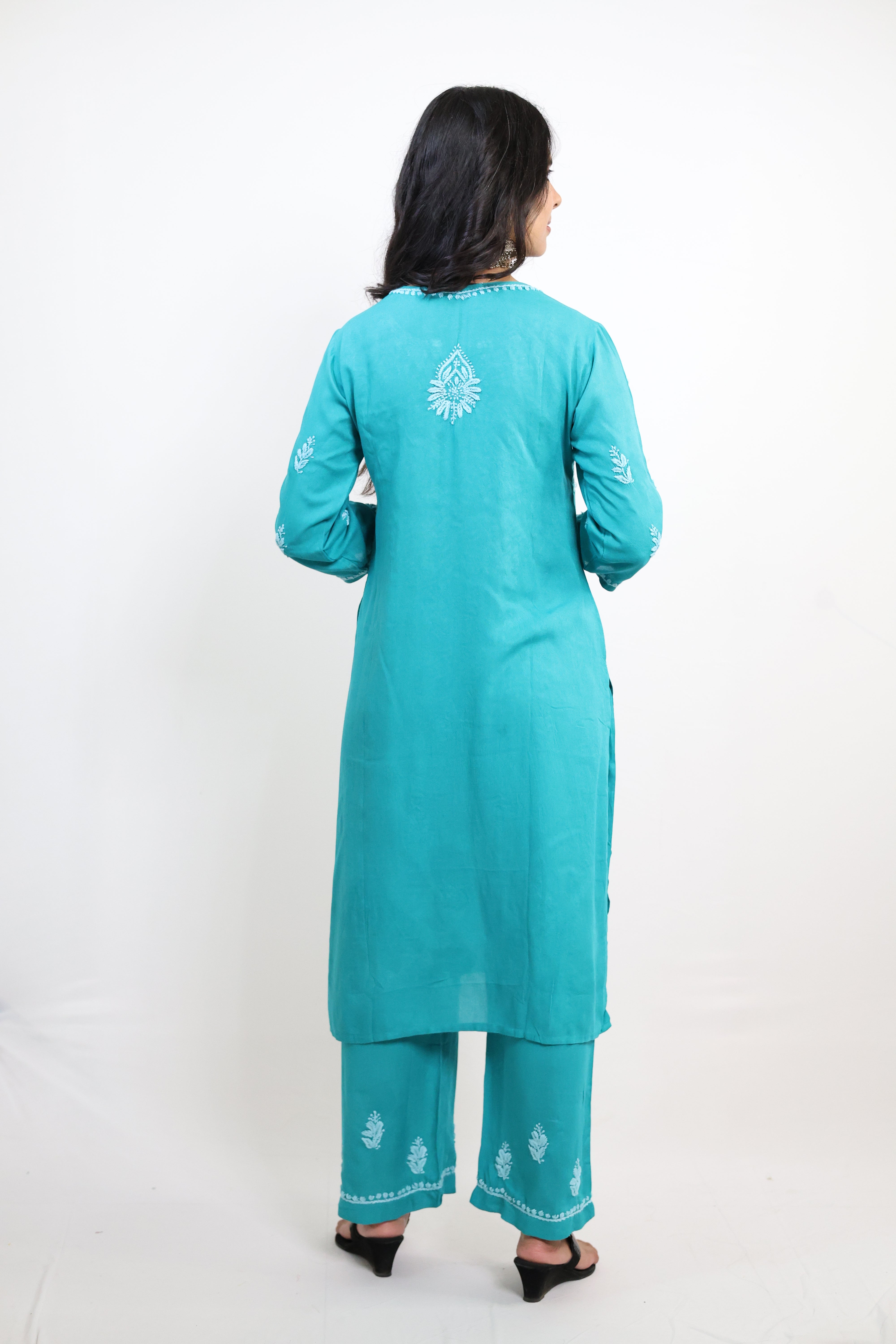 Jade Green Rayon Hand-Embroidered Lucknowi Chikankari Kurta Set with Palazzo