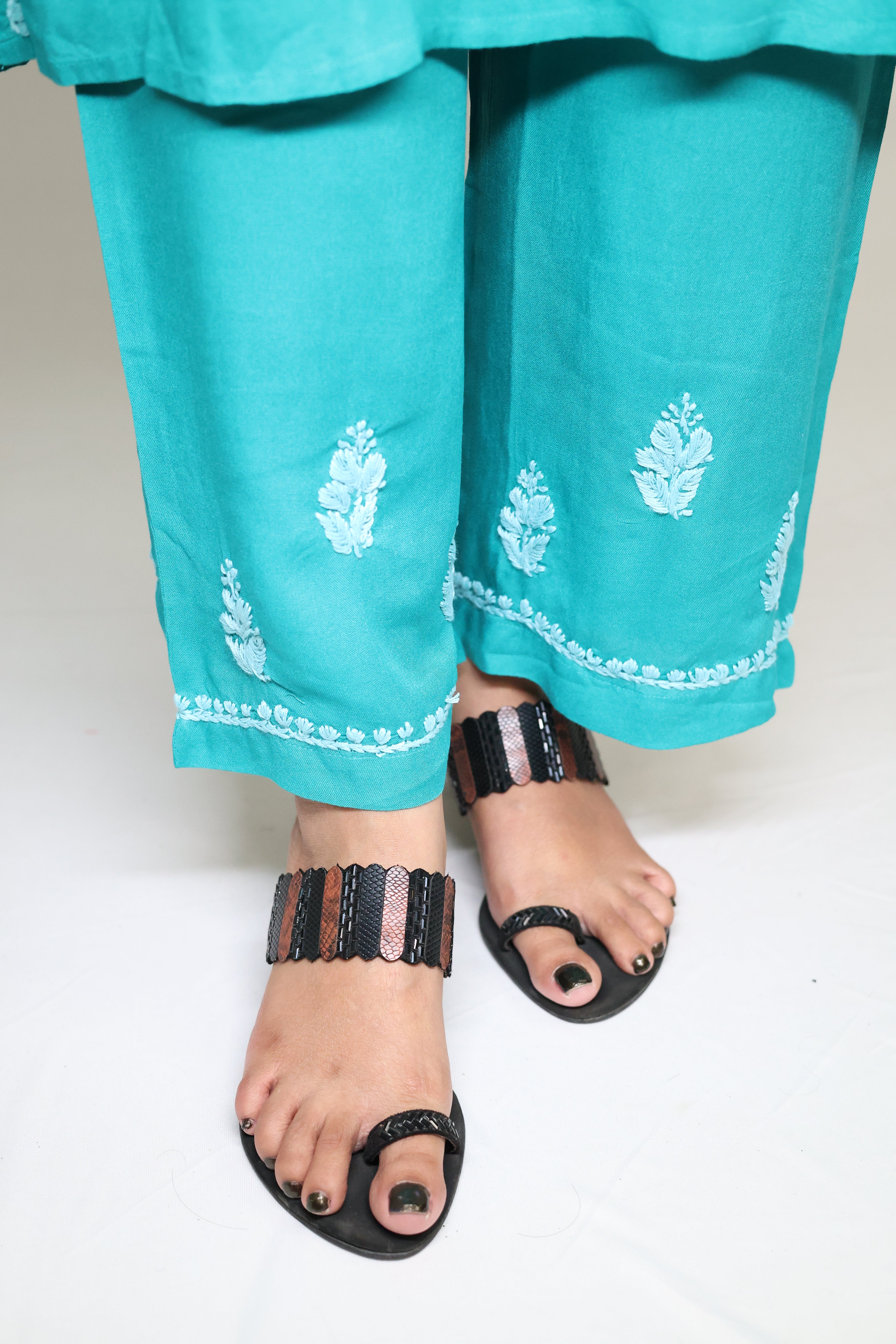 Jade Green Rayon Hand-Embroidered Lucknowi Chikankari Kurta Set with Palazzo