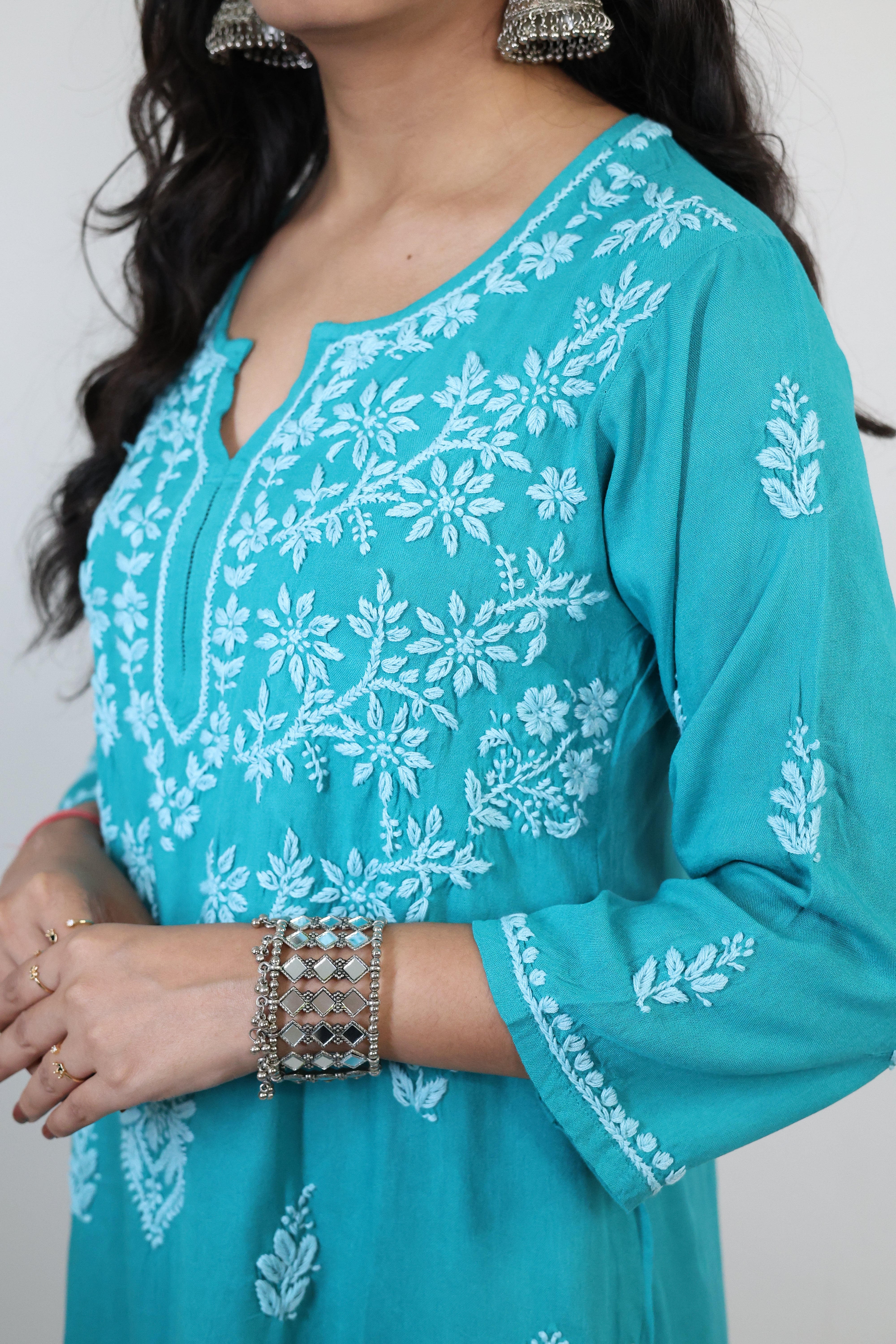 Jade Green Rayon Hand-Embroidered Lucknowi Chikankari Kurta Set with Palazzo