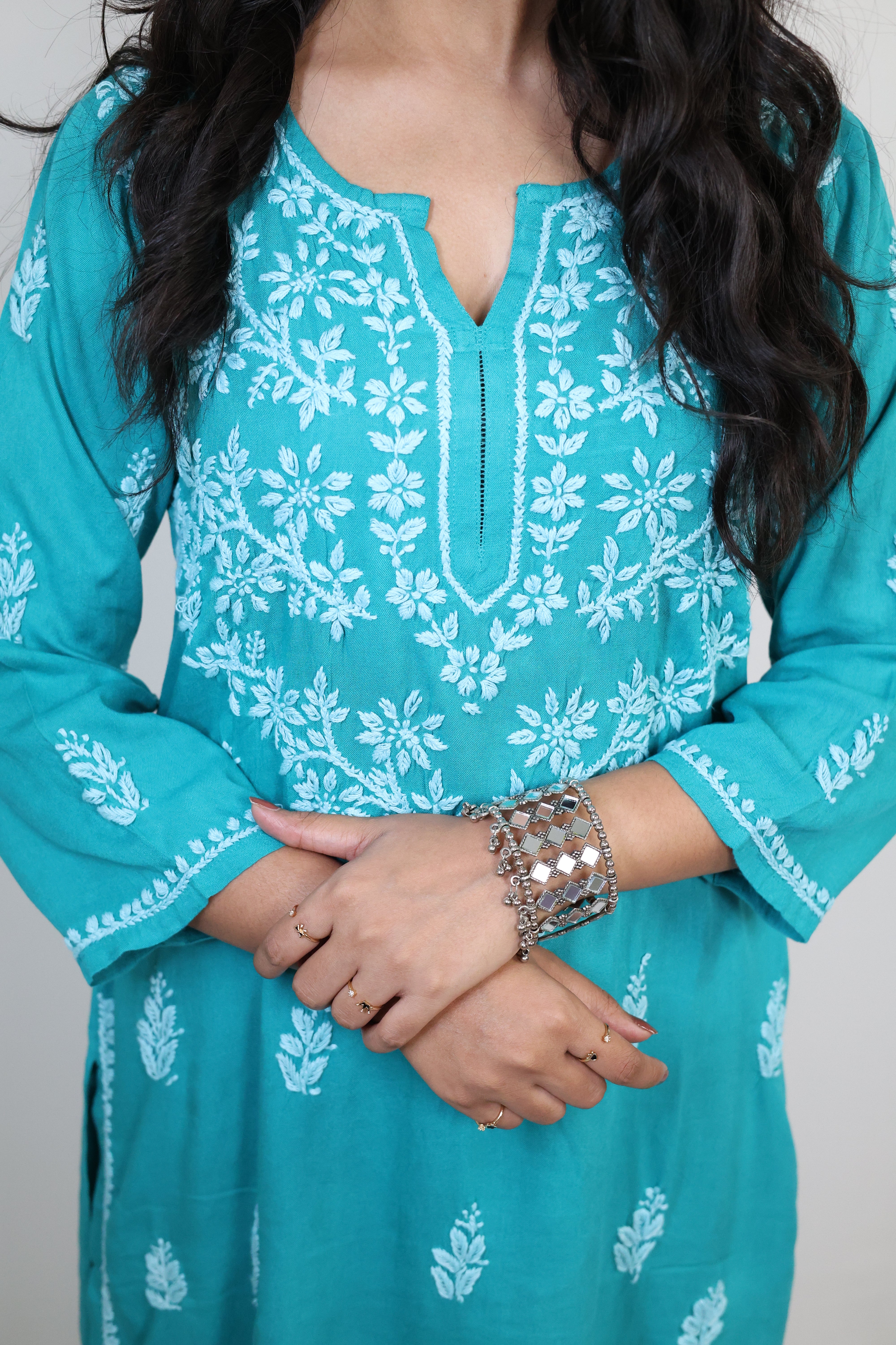 Jade Green Rayon Hand-Embroidered Lucknowi Chikankari Kurta Set with Palazzo