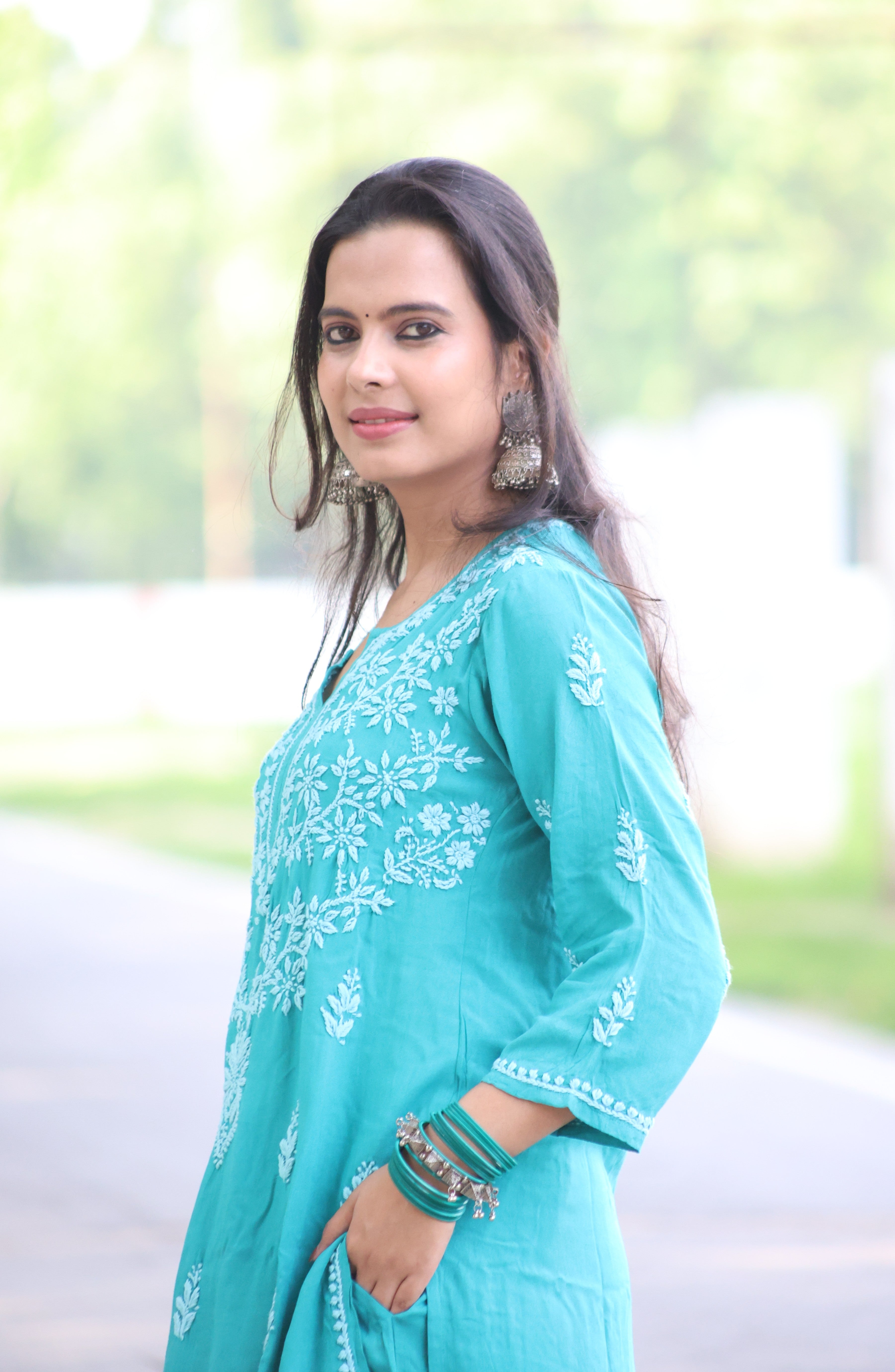 Jade Green Rayon Hand-Embroidered Lucknowi Chikankari Kurta Set with Palazzo