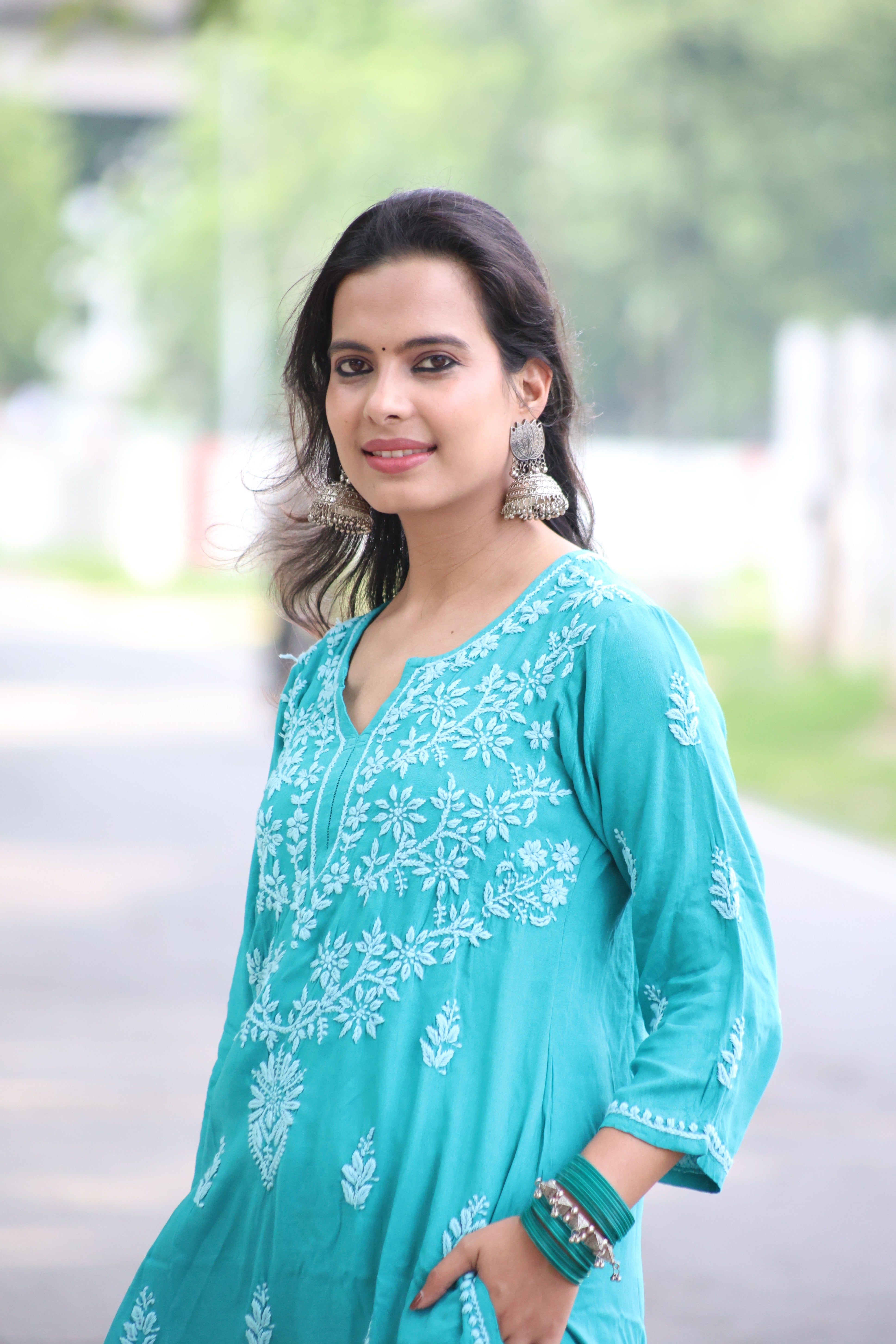 Jade Green Rayon Hand-Embroidered Lucknowi Chikankari Kurta Set with Palazzo