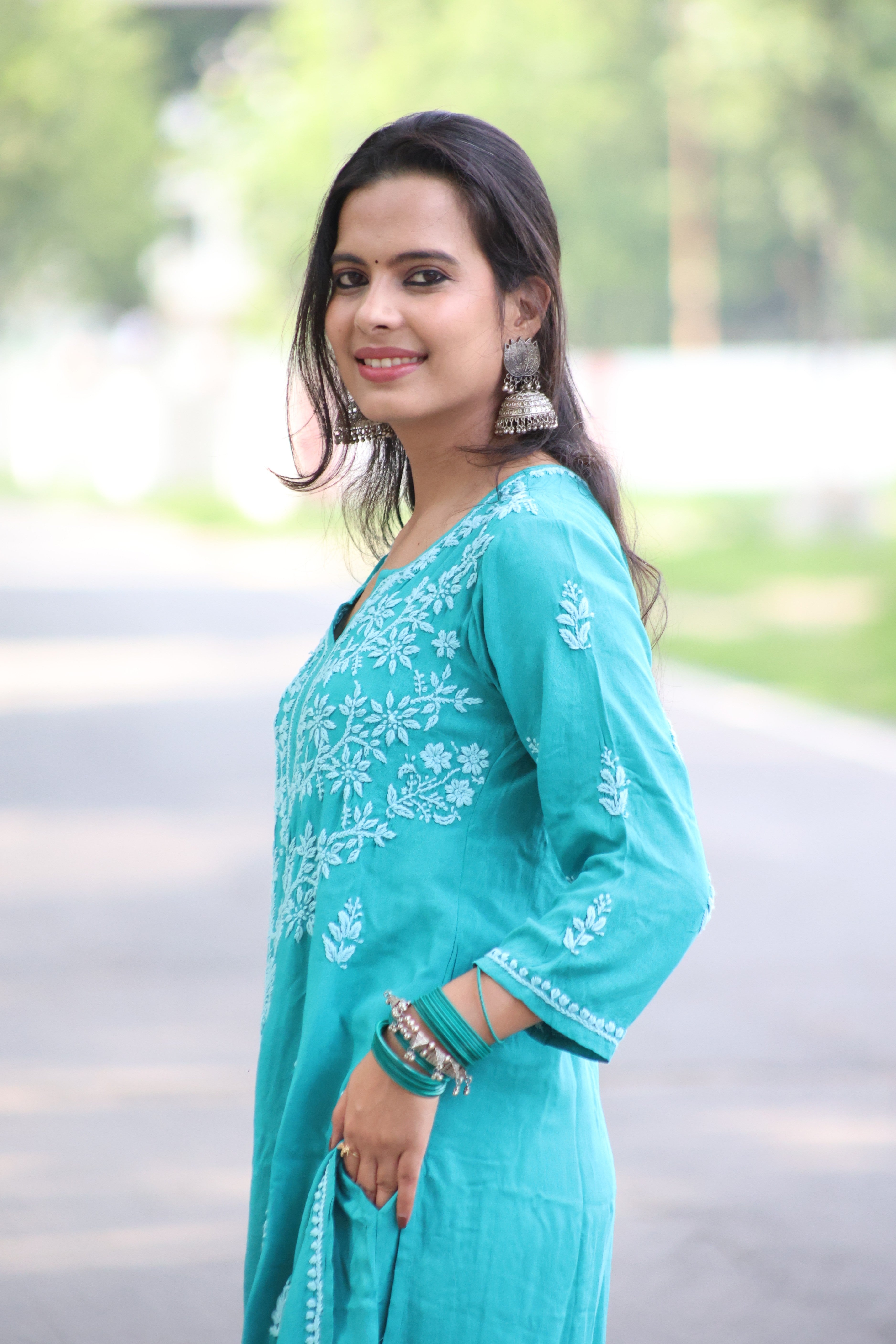Jade Green Rayon Hand-Embroidered Lucknowi Chikankari Kurta Set with Palazzo