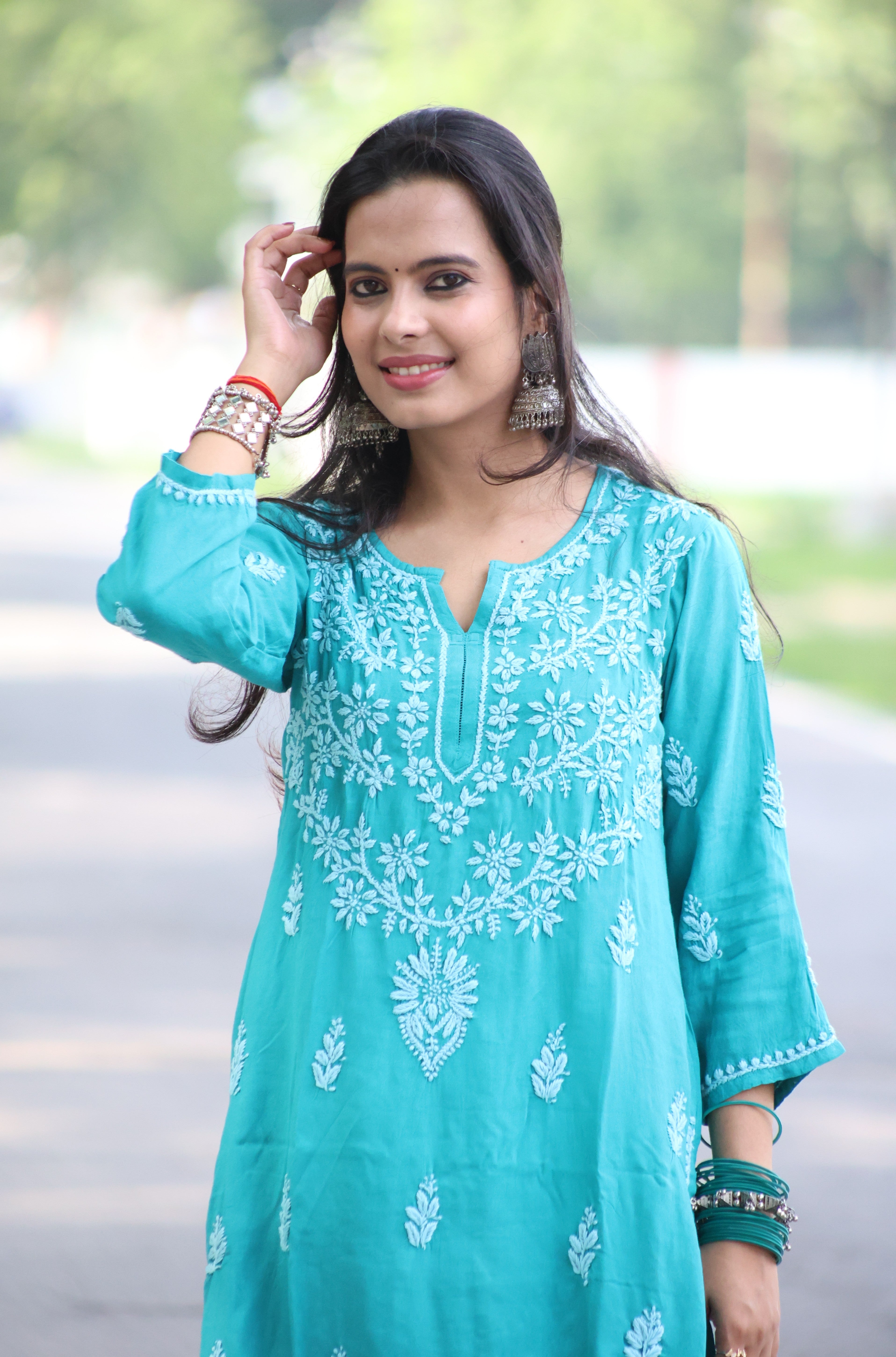 Jade Green Rayon Hand-Embroidered Lucknowi Chikankari Kurta Set with Palazzo