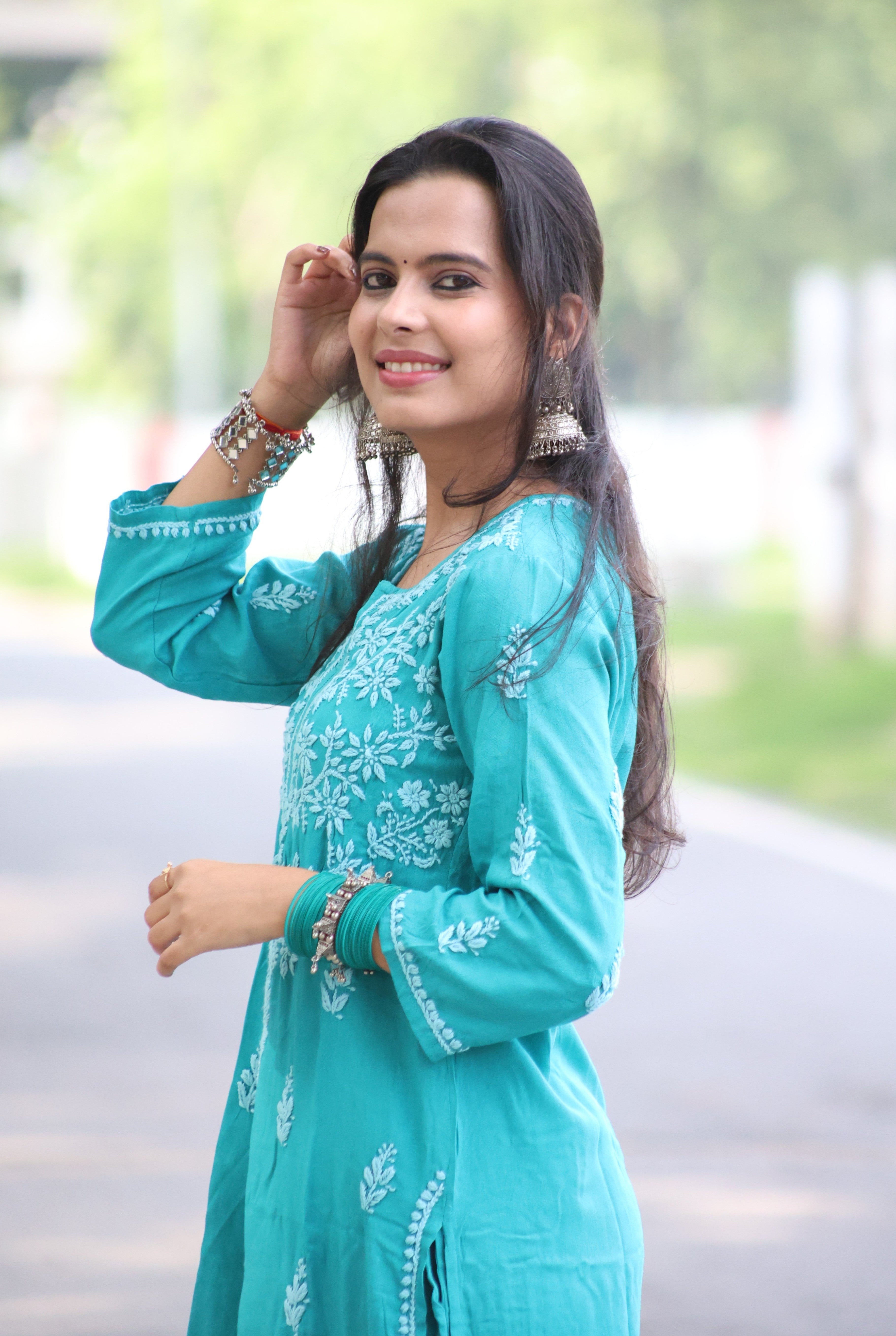 Jade Green Rayon Hand-Embroidered Lucknowi Chikankari Kurta Set with Palazzo